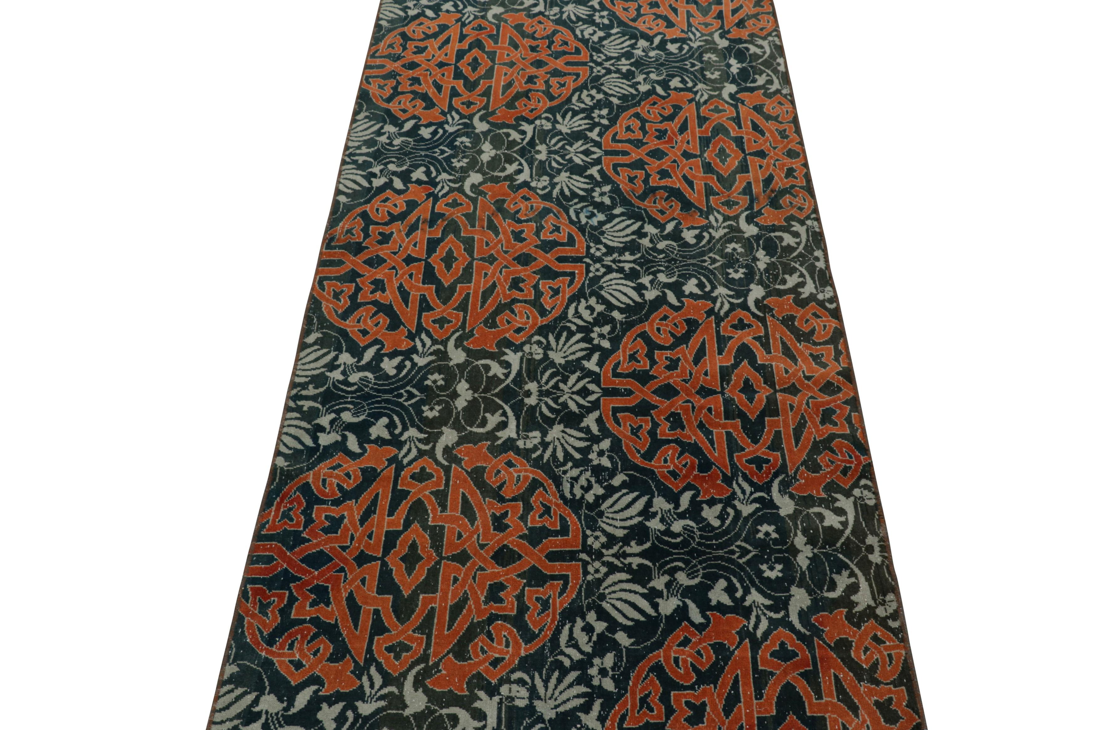 Hand-Knotted Vintage Hereke Runner Rug in Teal with Orange Arabesque Medallions  Rug & Kilim For Sale