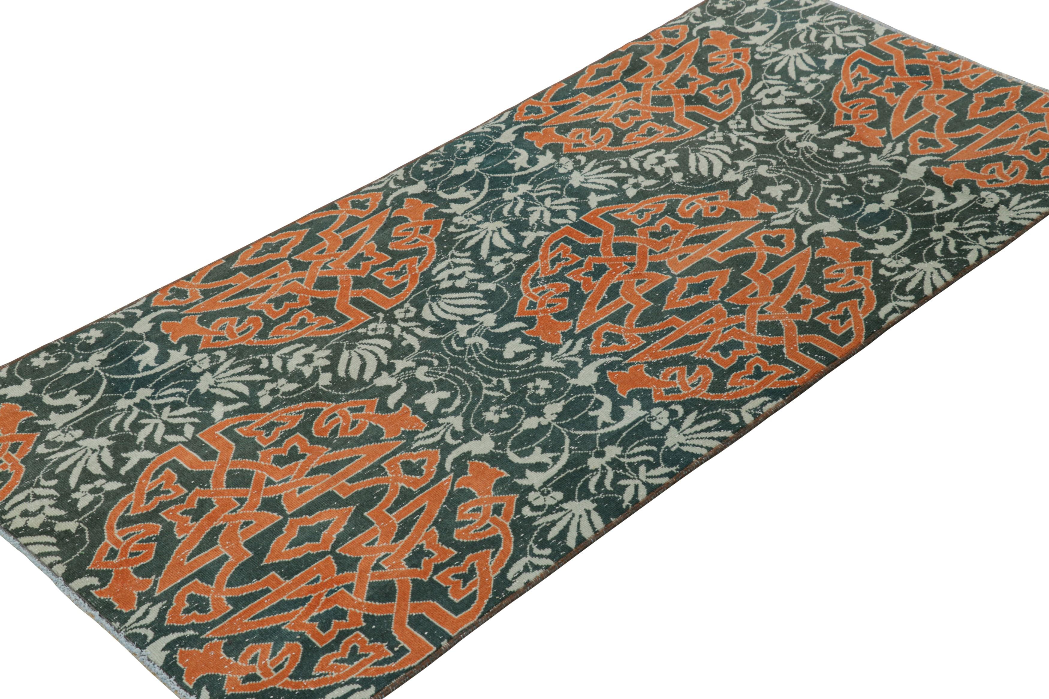 Hand-Knotted Vintage Hereke Runner Rug in Teal with Orange Arabesque Medallions  Rug & Kilim For Sale