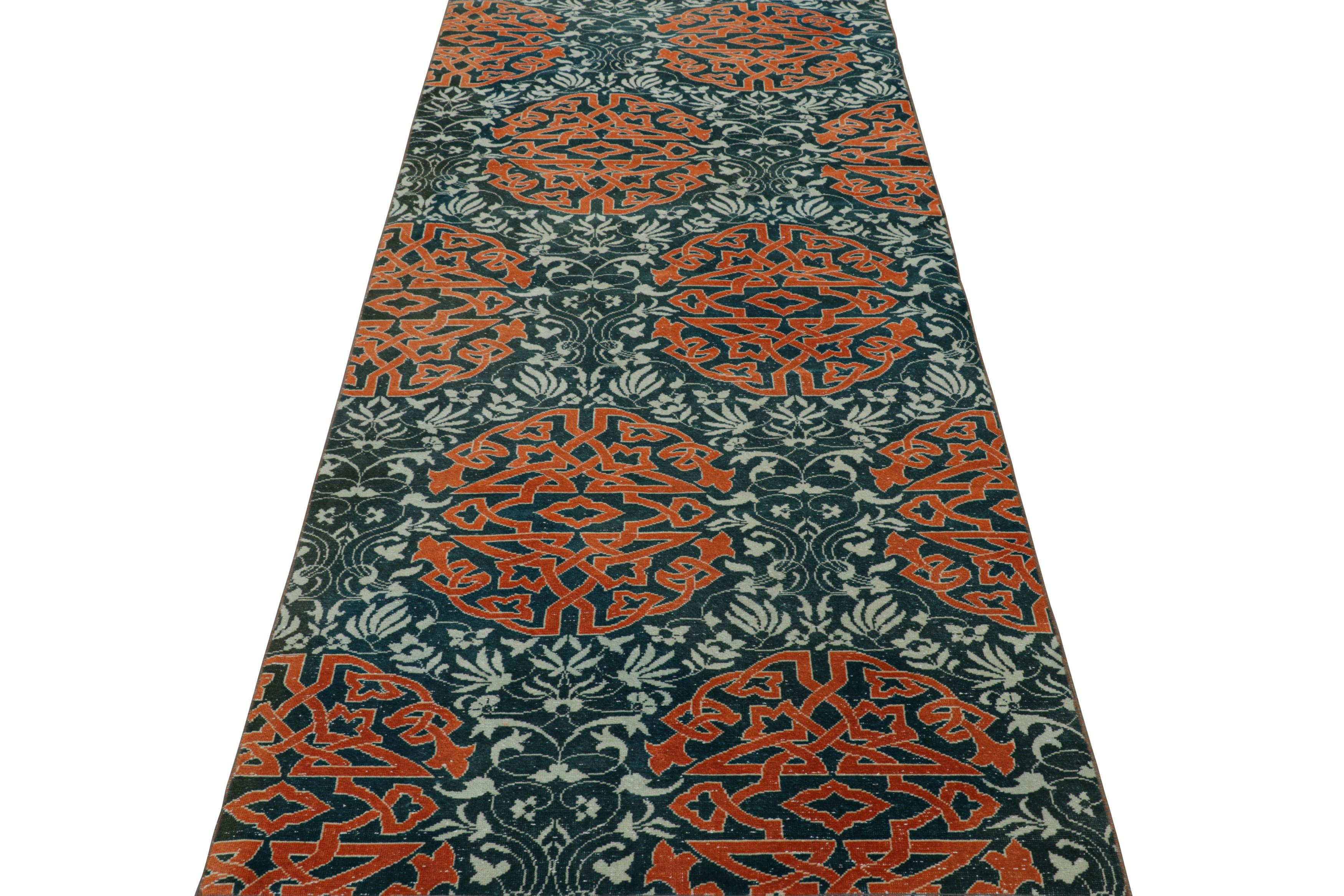 Hand-Knotted Vintage Hereke Runner Rug in Teal with Orange Arabesque Medallions  Rug & Kilim For Sale