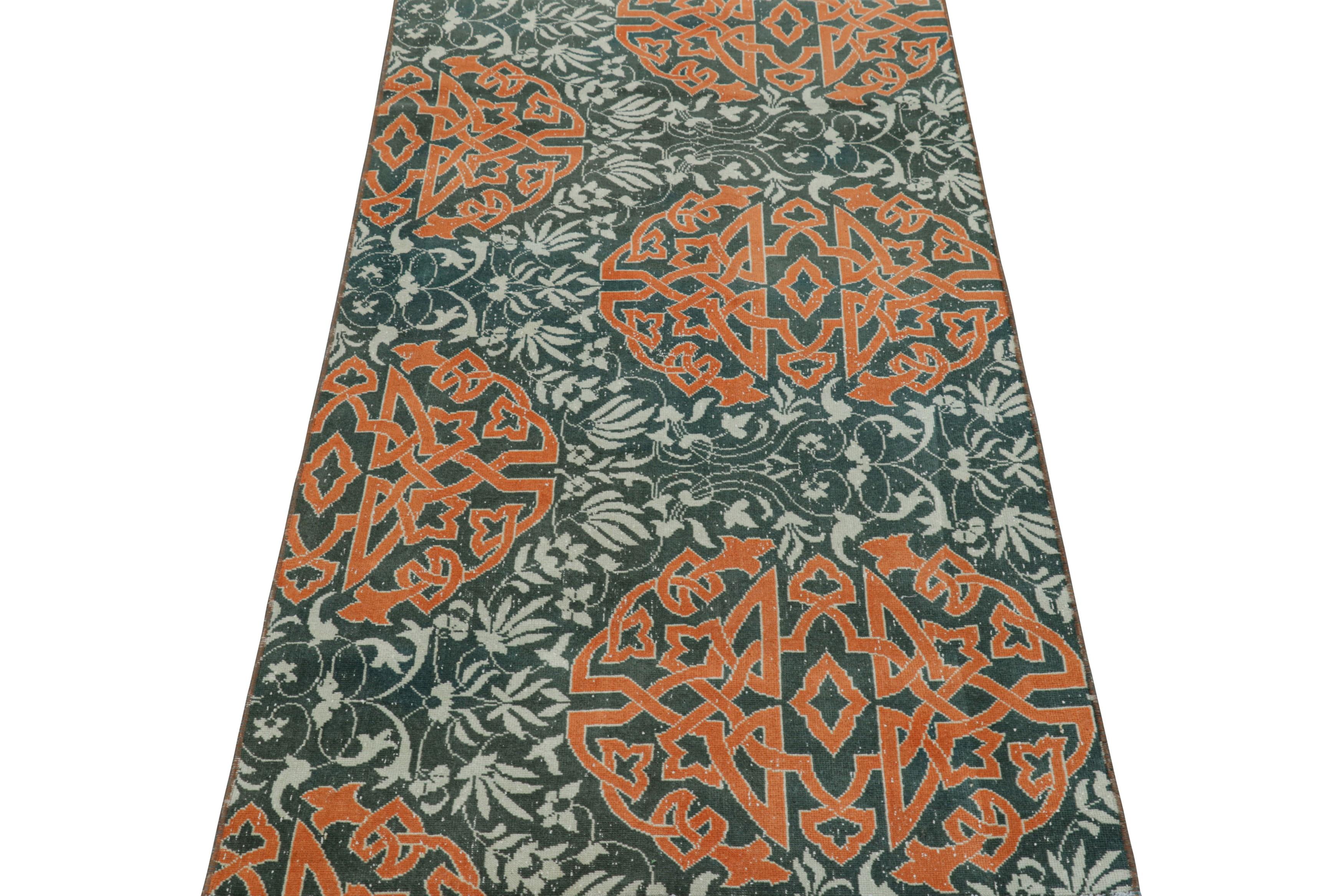 Vintage Hereke Runner Rug in Teal with Orange Arabesque Medallions  Rug & Kilim In Good Condition For Sale In Long Island City, NY