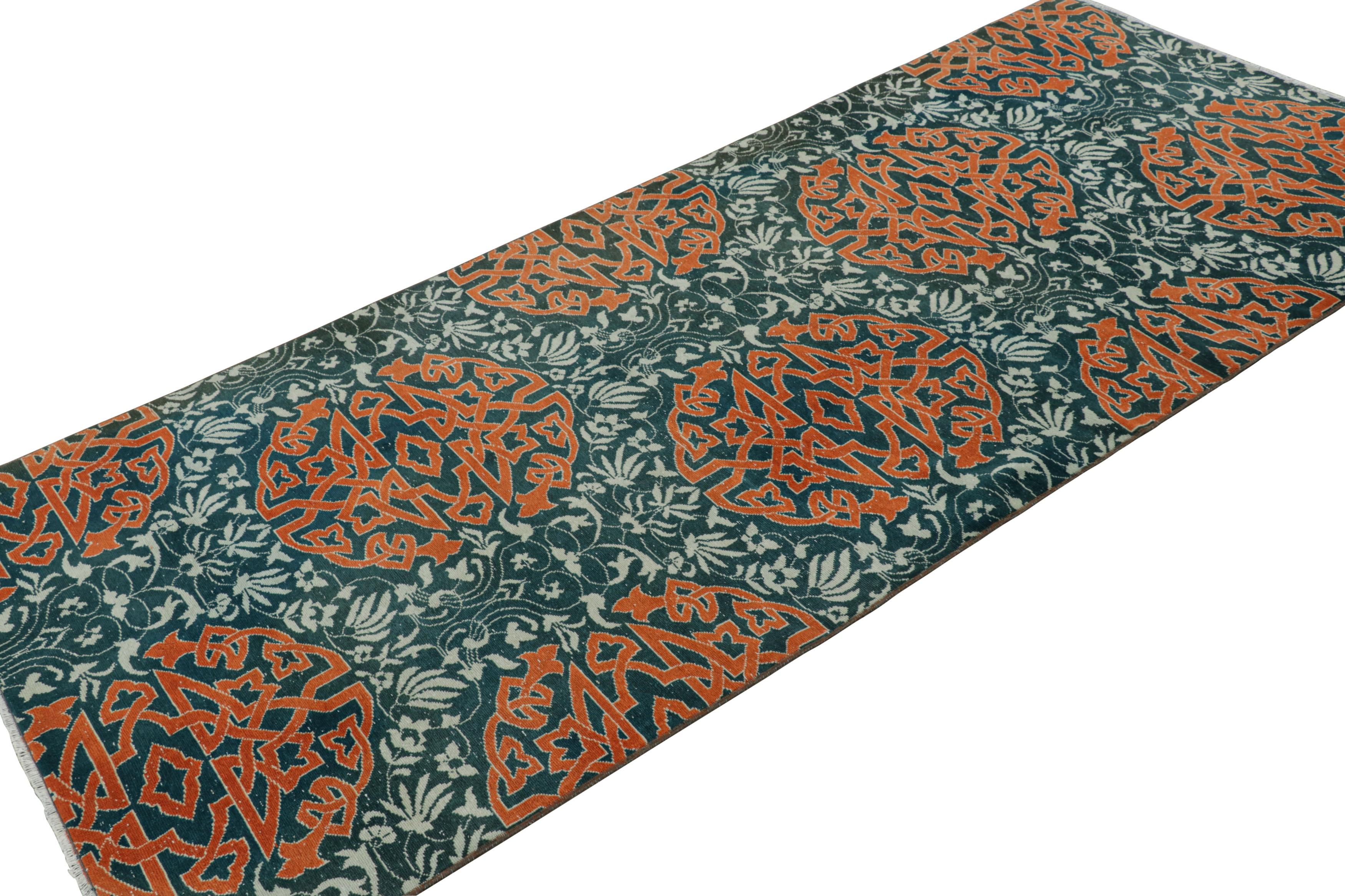 Vintage Hereke Runner Rug in Teal with Orange Arabesque Medallions  Rug & Kilim In Good Condition For Sale In Long Island City, NY