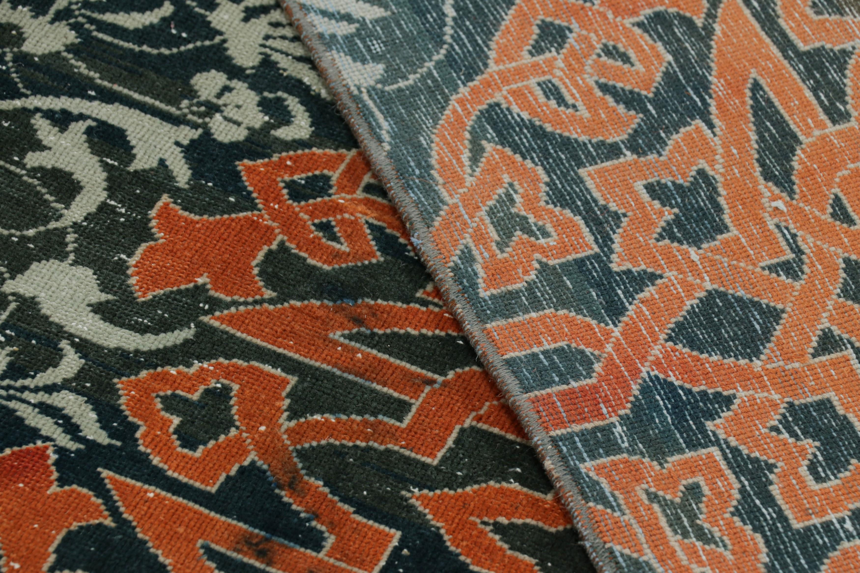 Wool Vintage Hereke Runner Rug in Teal with Orange Arabesque Medallions  Rug & Kilim For Sale