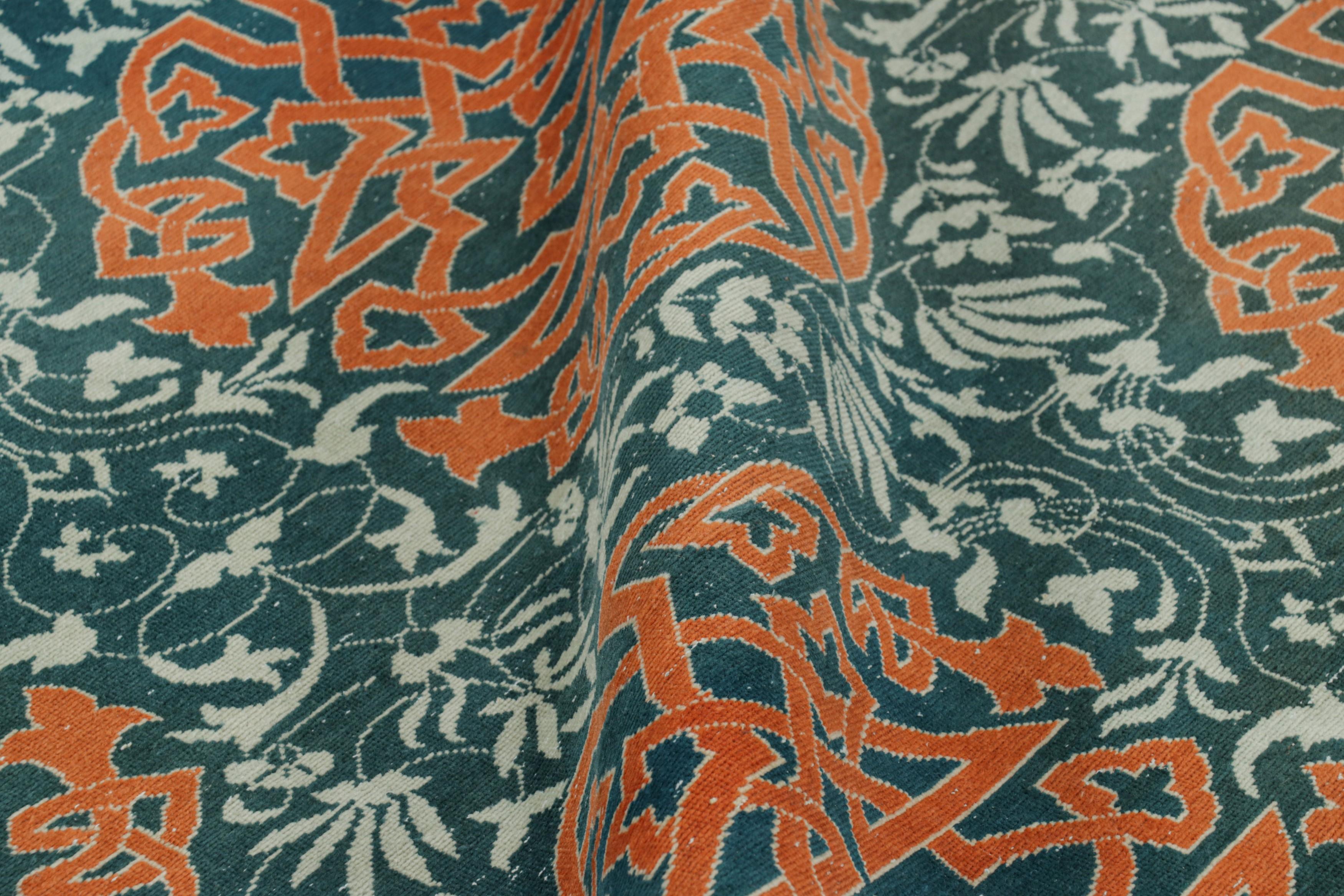 Wool Vintage Hereke Runner Rug in Teal with Orange Arabesque Medallions  Rug & Kilim For Sale