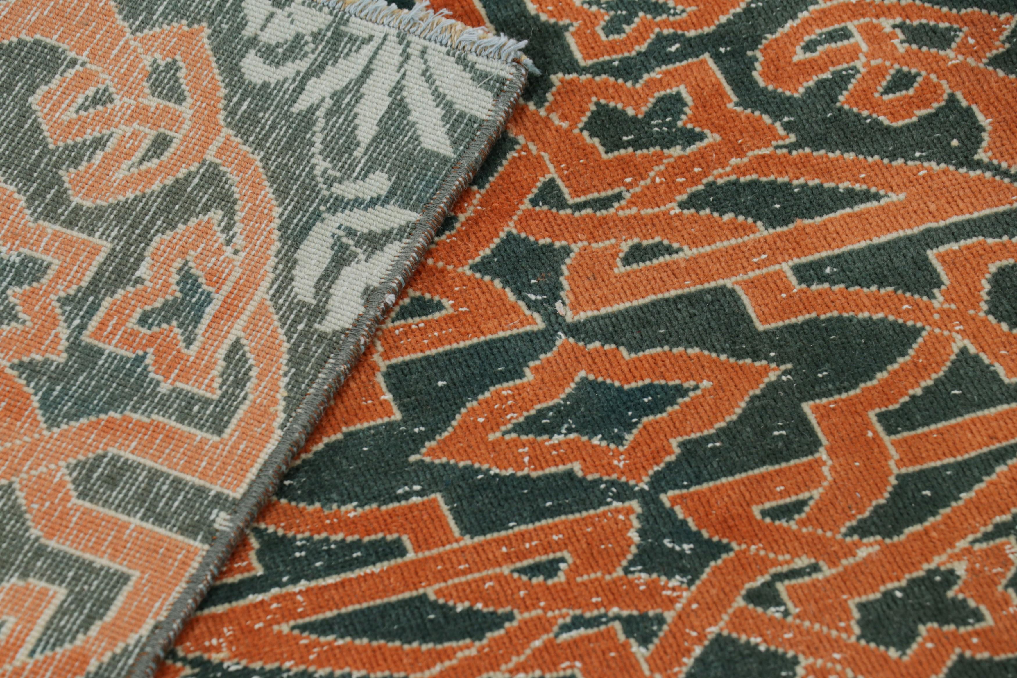 Vintage Hereke Runner Rug in Teal with Orange Arabesque Medallions  Rug & Kilim For Sale 1