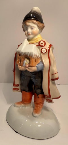 Vintage Herend Boy Holding Manger Fine Quality Hungarian Porcelain Figurine