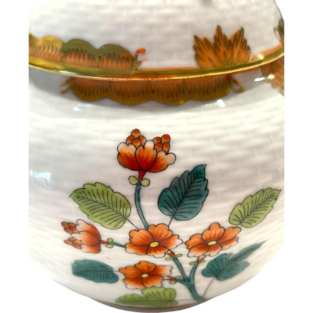Hungarian Vintage Herend Decorative Box/Jar Raised Basket Pattern w/ Orange Rose Knob For Sale