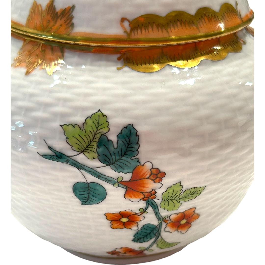 Hand-Painted Vintage Herend Decorative Box/Jar Raised Basket Pattern w/ Orange Rose Knob For Sale