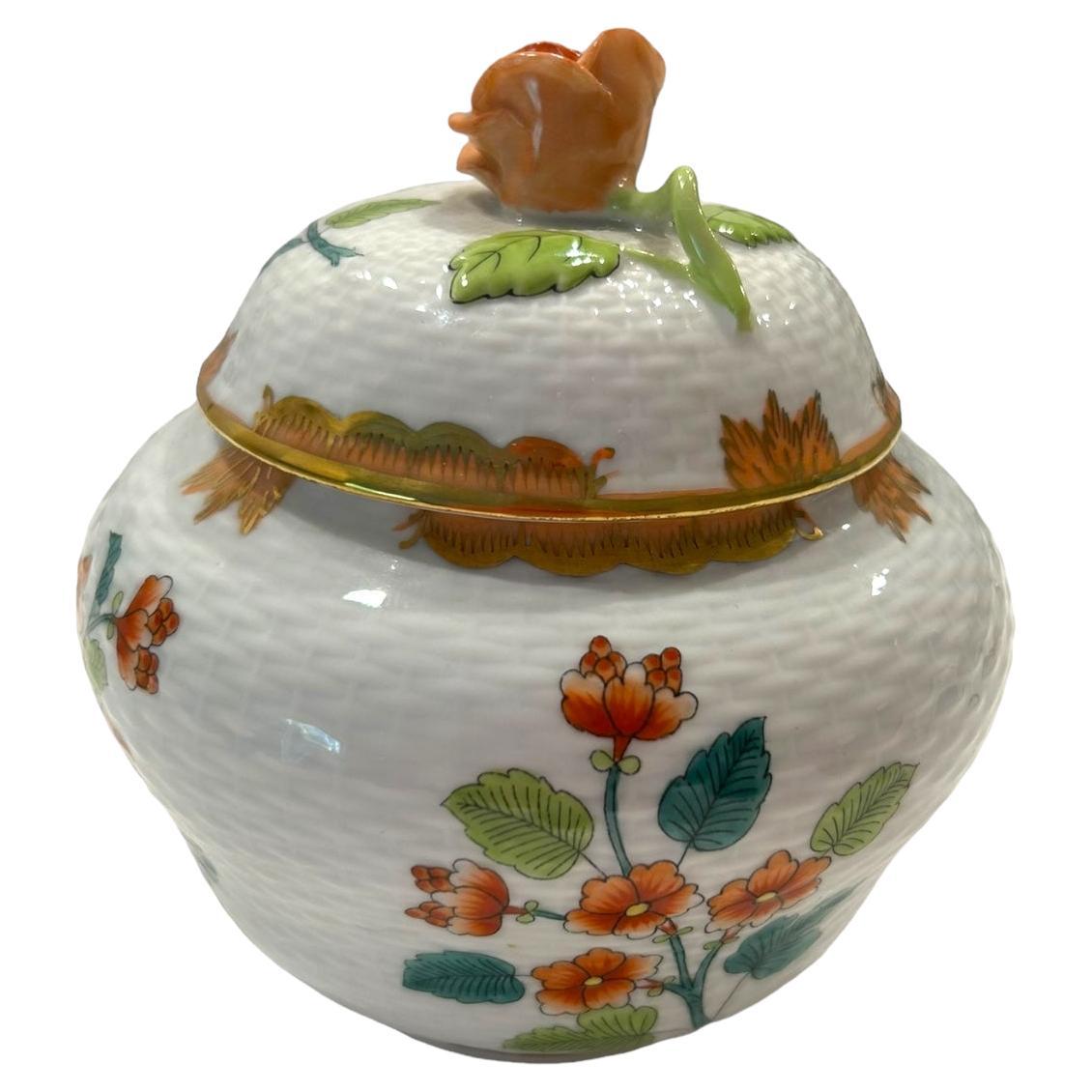 Vintage Herend Decorative Box/Jar Raised Basket Pattern w/ Orange Rose Knob For Sale