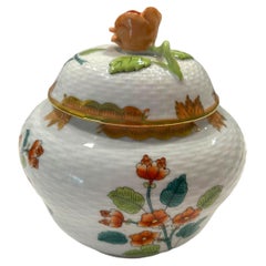 Vintage Herend Decorative Box/Jar Raised Basket Pattern w/ Orange Rose Knob