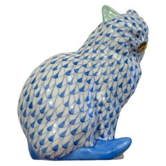 Vintage Herend Handpainted Blue Fishnet Porcelain “Cat” Figurine