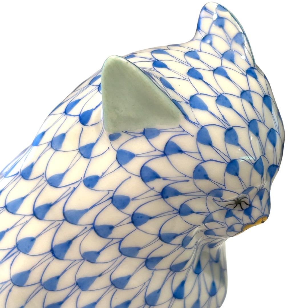 Contemporary Vintage Herend Handpainted Blue Fishnet Porcelain “Cat” Figurine