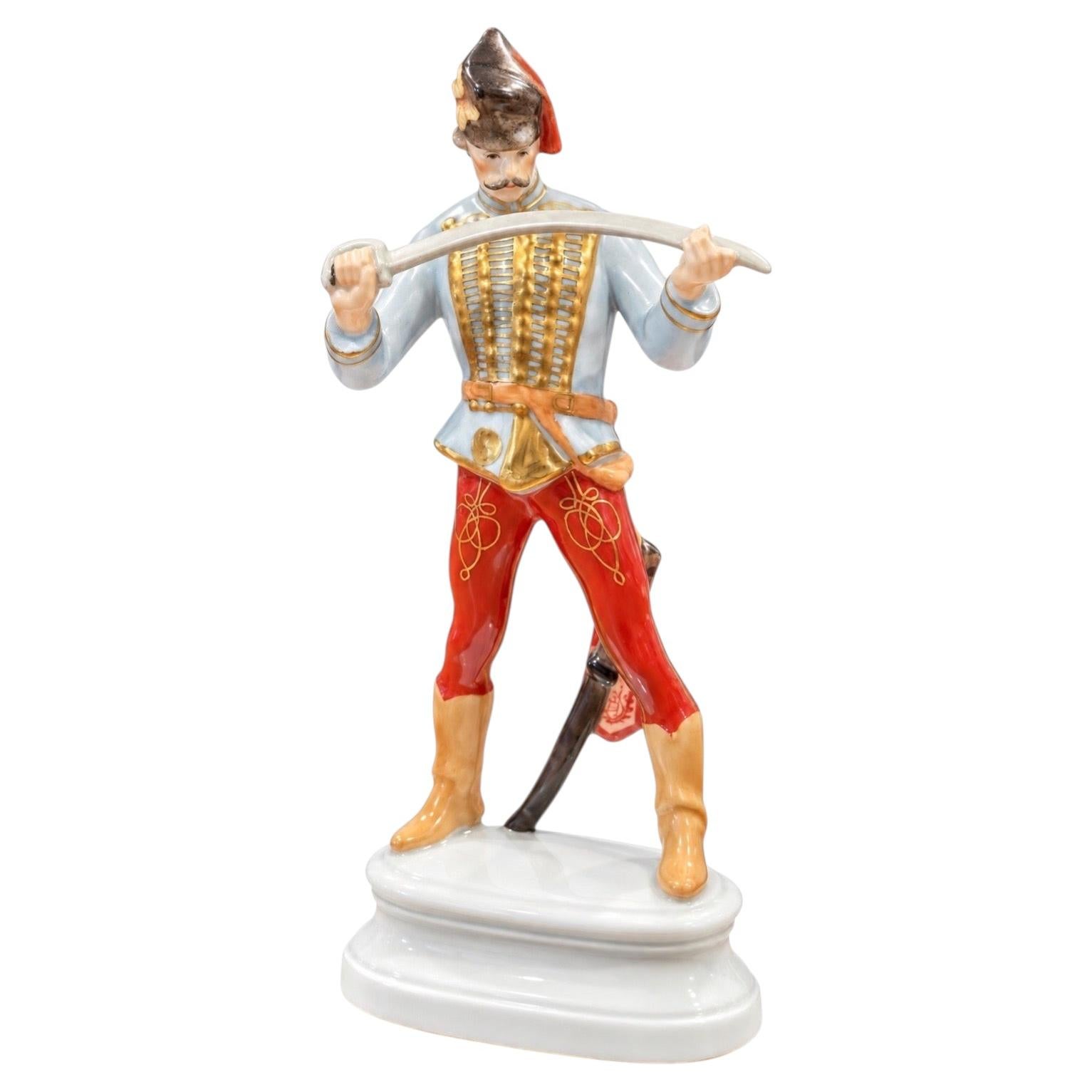 Pre-owned Herend Vintage Hungary Hand-painted Porcelain Hussar With Sabre Figurine In Beige