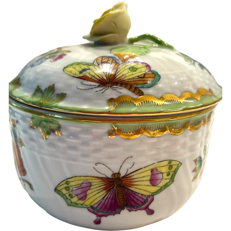 Vintage Herend Queen Victoria Green Covered Sugar Bowl w/ Yellow
