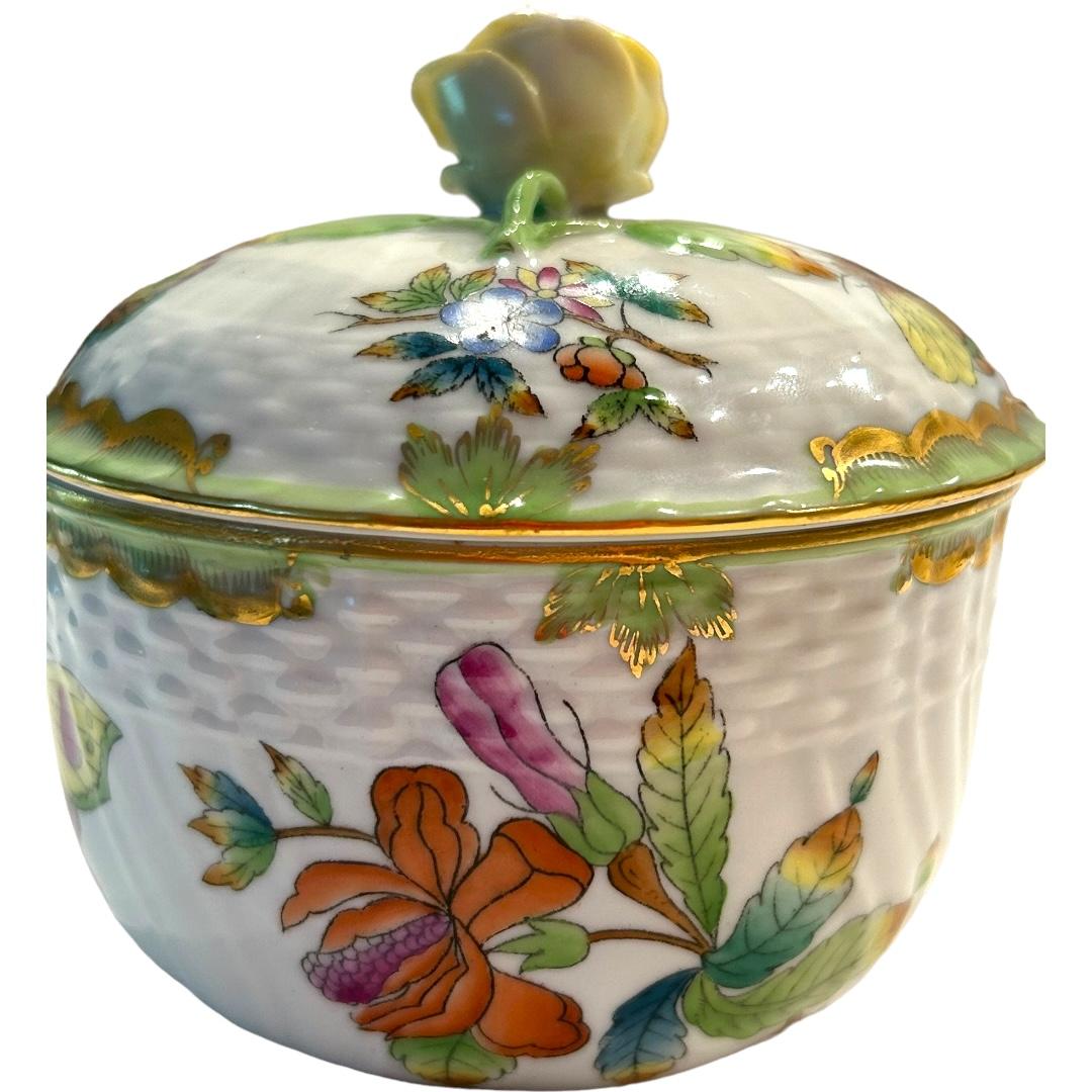 Hand-Painted Vintage Herend Queen Victoria Green Covered Sugar Bowl w/ Yellow Rose Knob Lid