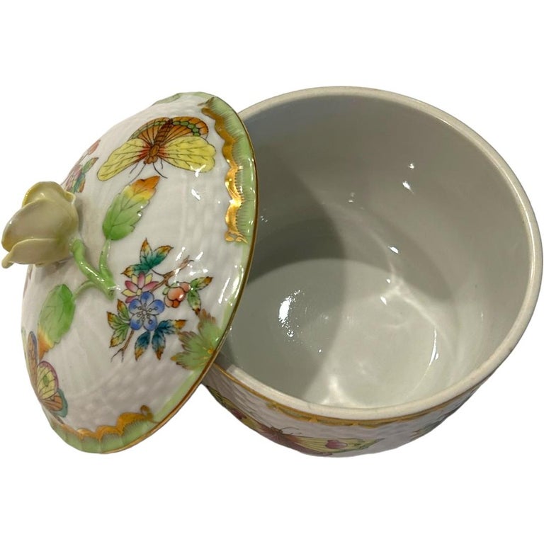 Vintage Herend Queen Victoria Green Covered Sugar Bowl w/ Yellow
