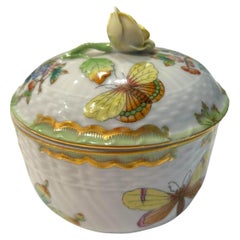 Vintage Herend Queen Victoria Green Covered Sugar Bowl w/ Yellow Rose Knob Lid
