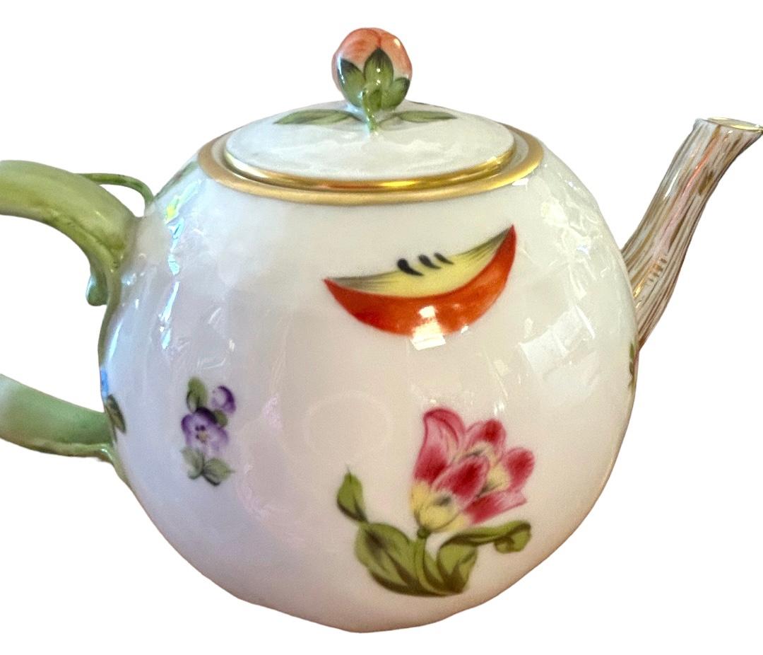 Porcelain Vintage Herend Tea Pot with Floral and Gold Details For Sale