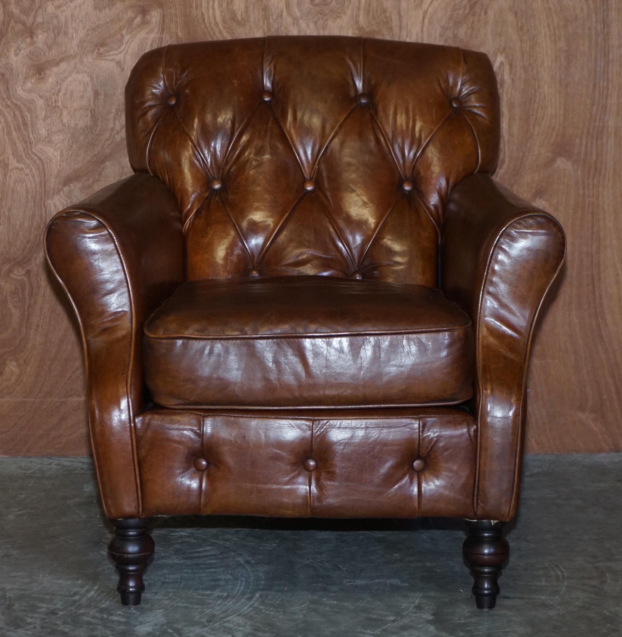 We are delighted to offer for sale this lovely vintage heritage brown leather Chesterfield tufted armchair 

A good looking, well made and comfortable armchair, upholstered with heritage leather which is designed to look 100 years old from new, it