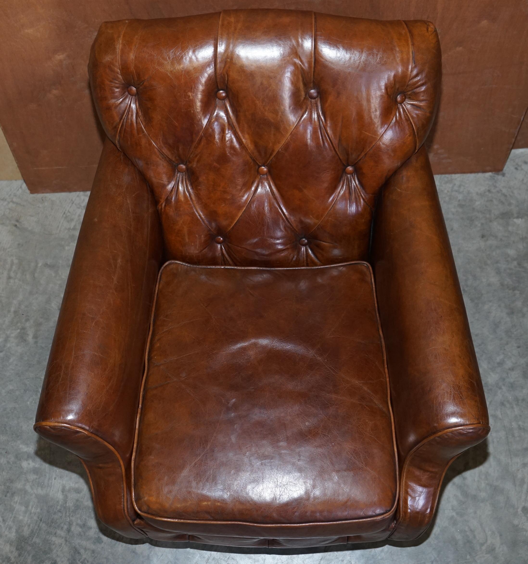 20th Century Vintage Heritage Aged Brown Leather Chesterfield Club Armchair Nice Tufting