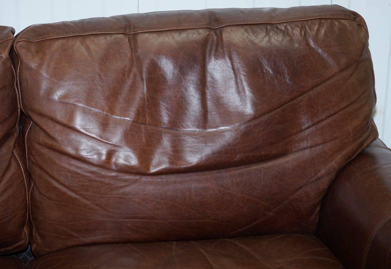 Modern Vintage Heritage Aged Brown Leather Halo Soho Two to Three-Seat Sofa