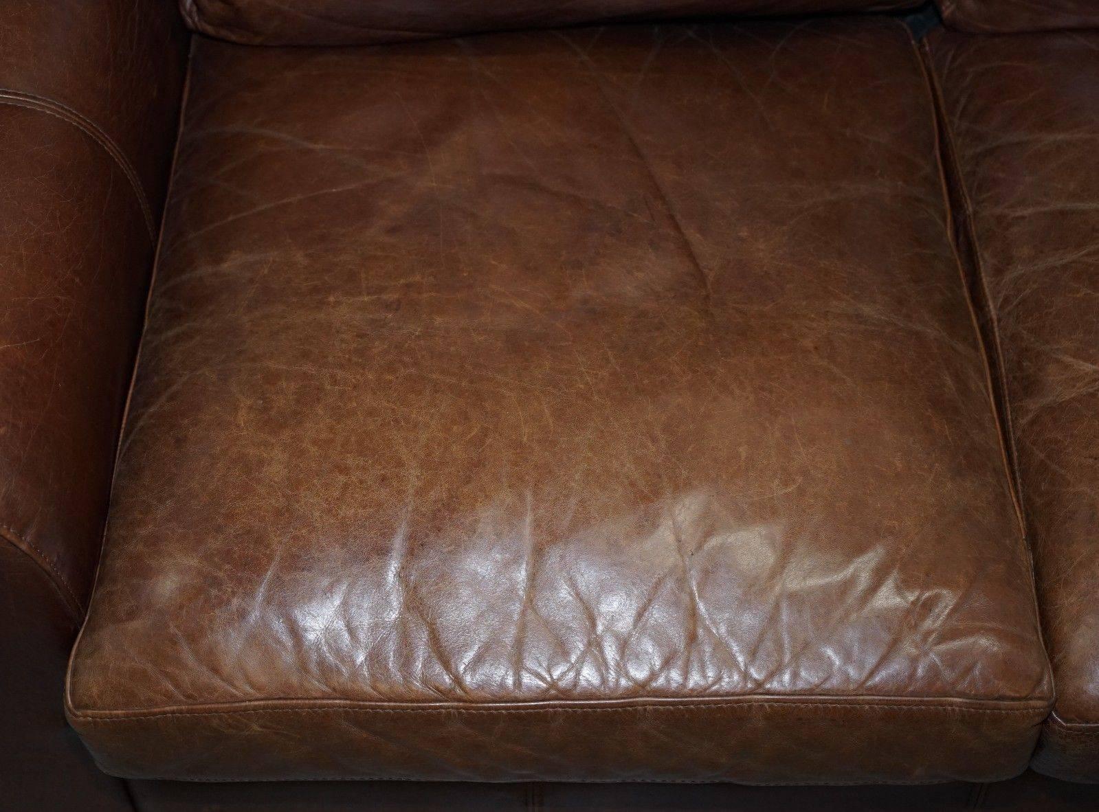 Unknown Vintage Heritage Aged Brown Leather Halo Soho Two to Three-Seat Sofa