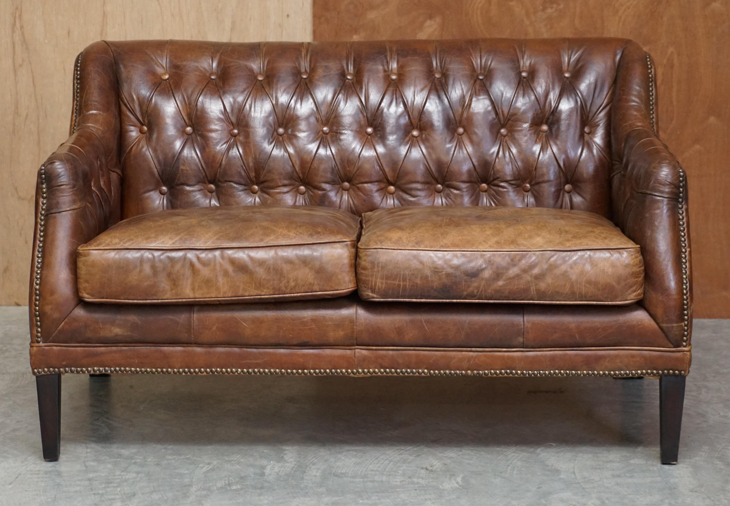 We are delighted to offer for sale this lovely hand dyed aged brown leather Chesterfield sofa

A good looking well made and decorative sofa, it has a heritage upholstery which is aged and vintage from new so looks very Regency. This is a nice