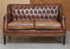 Vintage Heritage Aged Brown Leather Hand Dyed Chesterfield Small Two Seat Sofa
