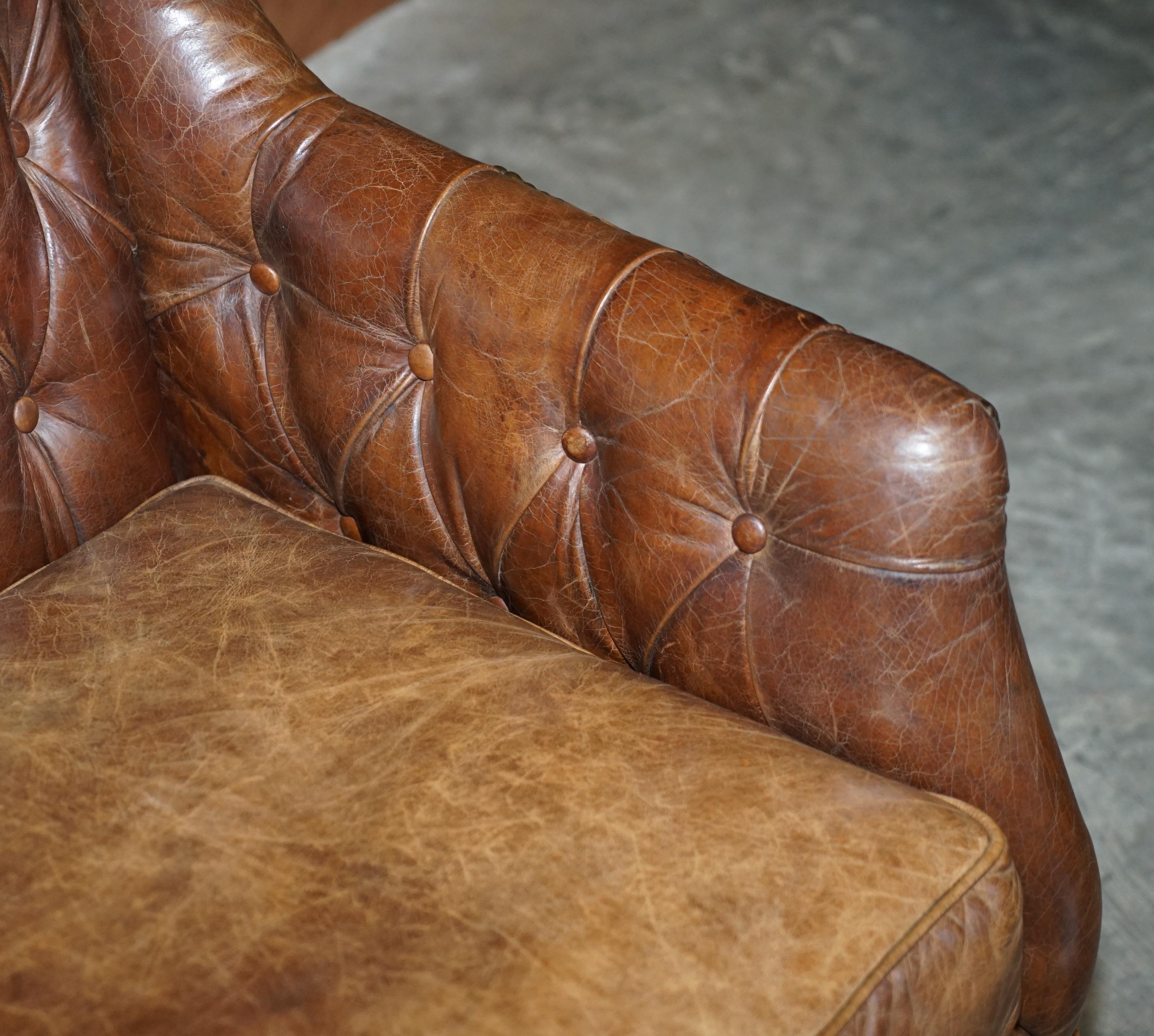 English Vintage Heritage Aged Brown Leather Hand Dyed Chesterfield Small Two Seat Sofa