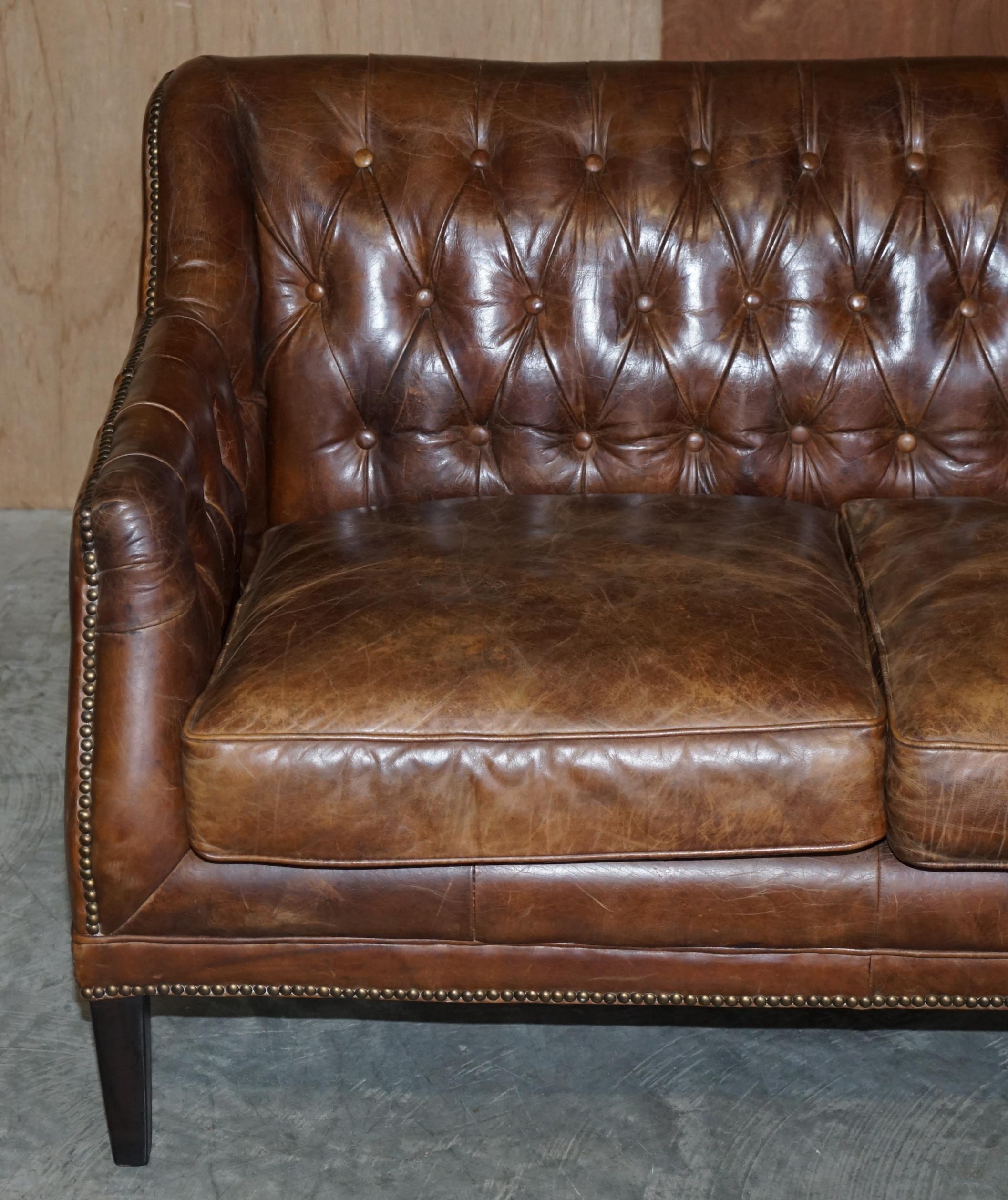 Hand-Crafted Vintage Heritage Aged Brown Leather Hand Dyed Chesterfield Small Two Seat Sofa