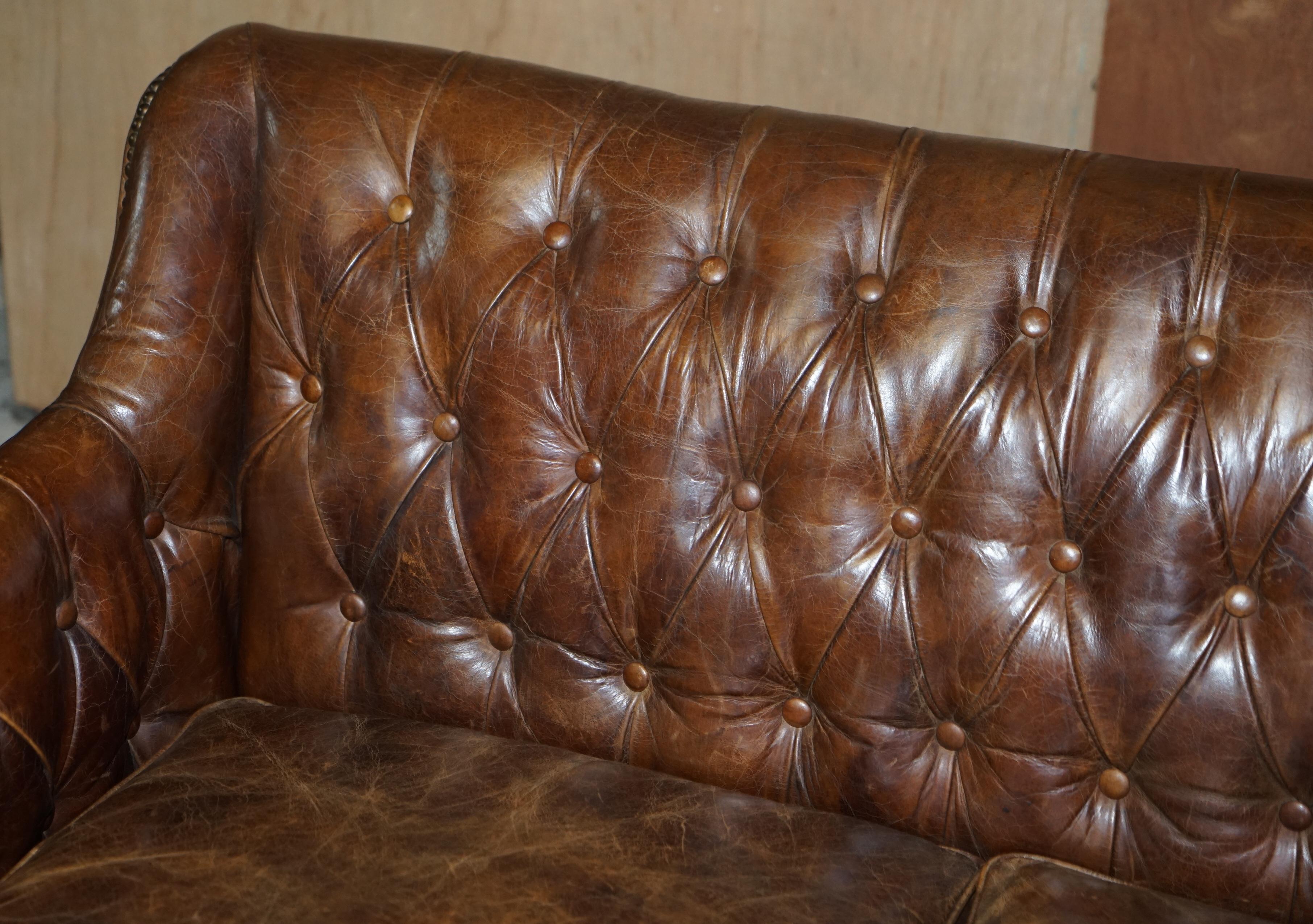 20th Century Vintage Heritage Aged Brown Leather Hand Dyed Chesterfield Small Two Seat Sofa