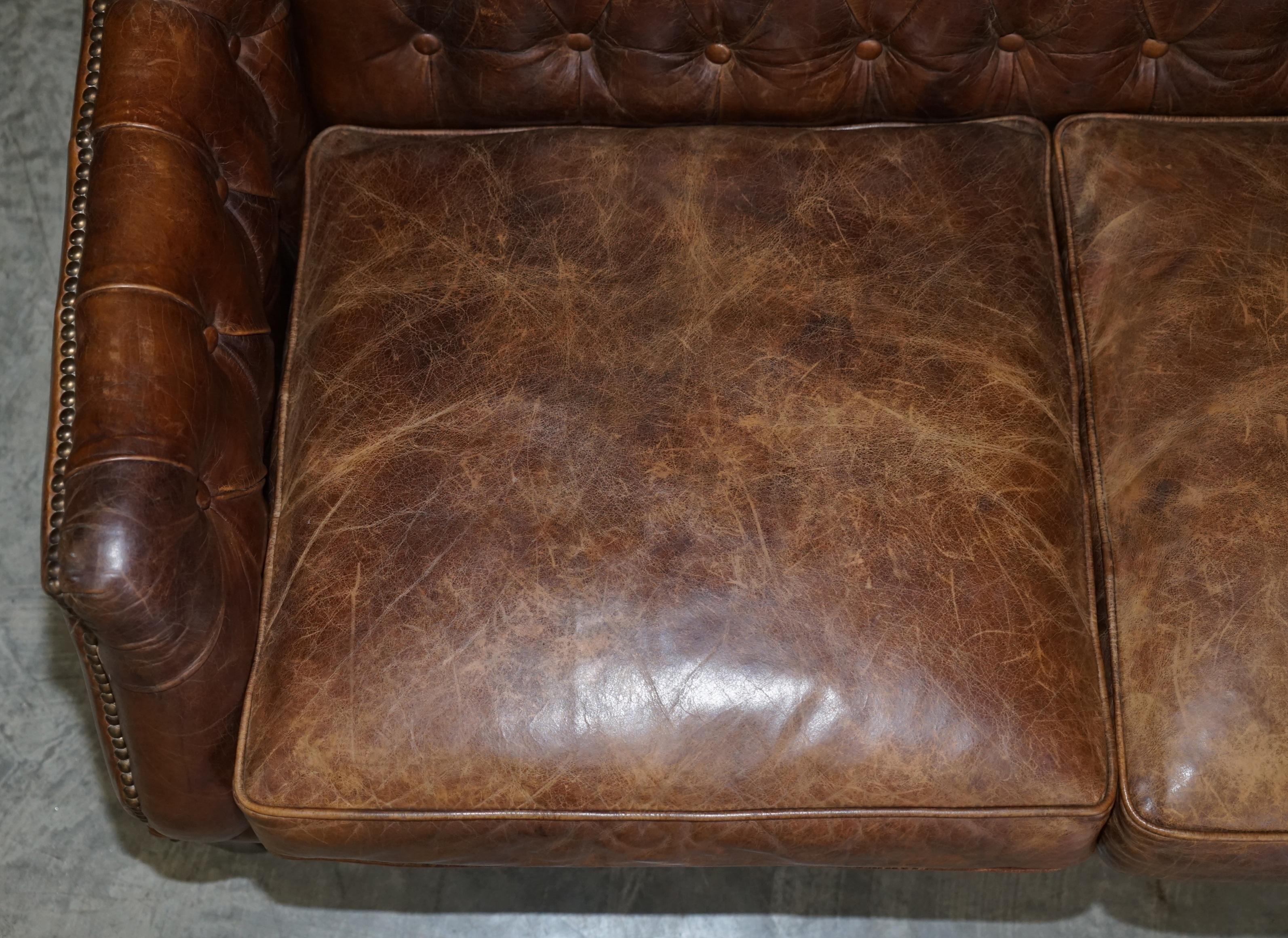 Vintage Heritage Aged Brown Leather Hand Dyed Chesterfield Small Two Seat Sofa 1