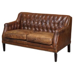 Vintage Heritage Aged Brown Leather Hand Dyed Chesterfield Small Two Seat Sofa