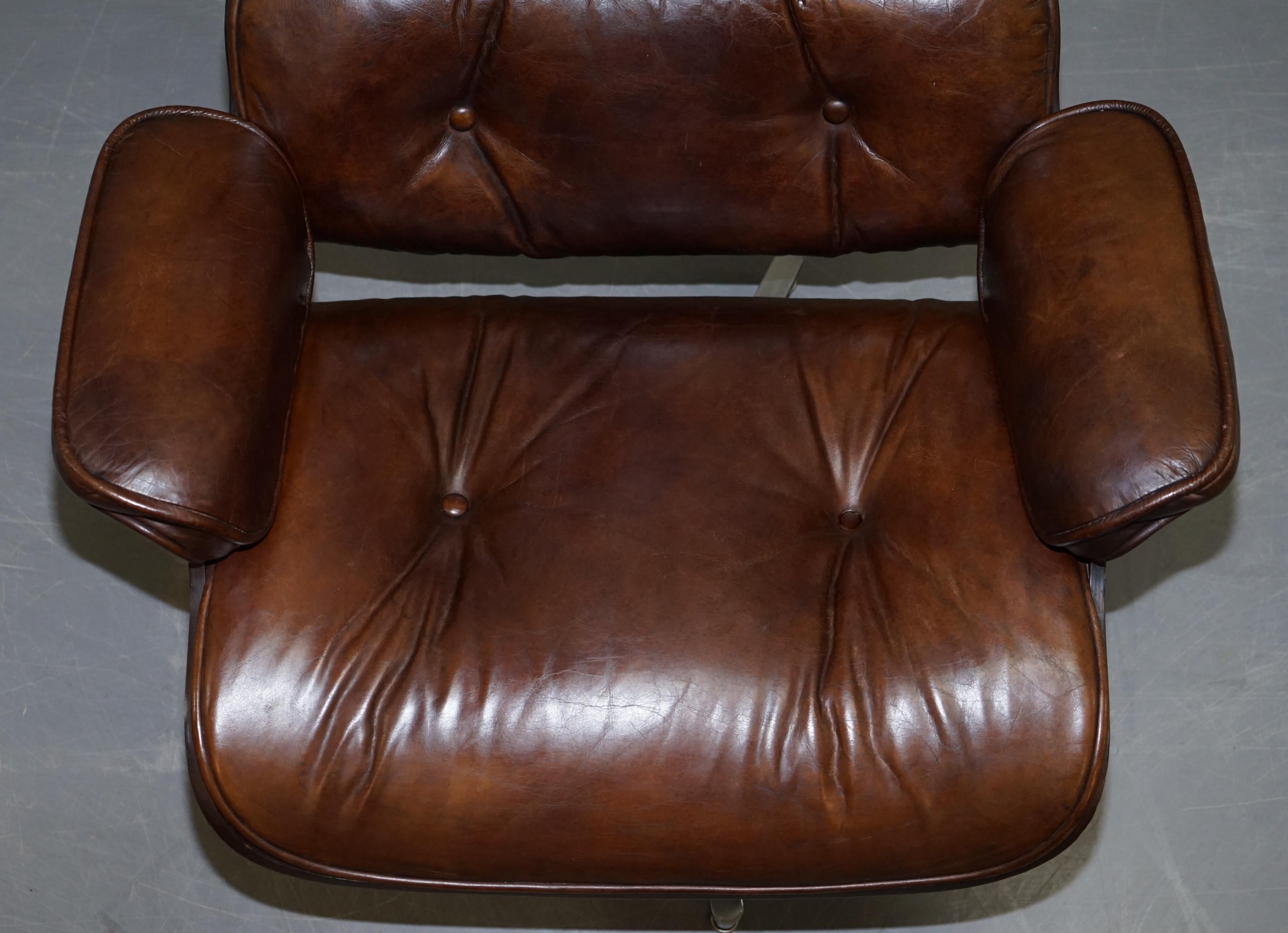 Mid-Century Modern Vintage Heritage Aged Brown Leather Lounge Armchair & Ottoman Tufted Buttons