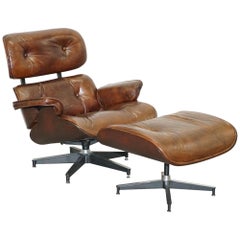Vintage Heritage Aged Brown Leather Lounge Armchair & Ottoman Tufted Buttons