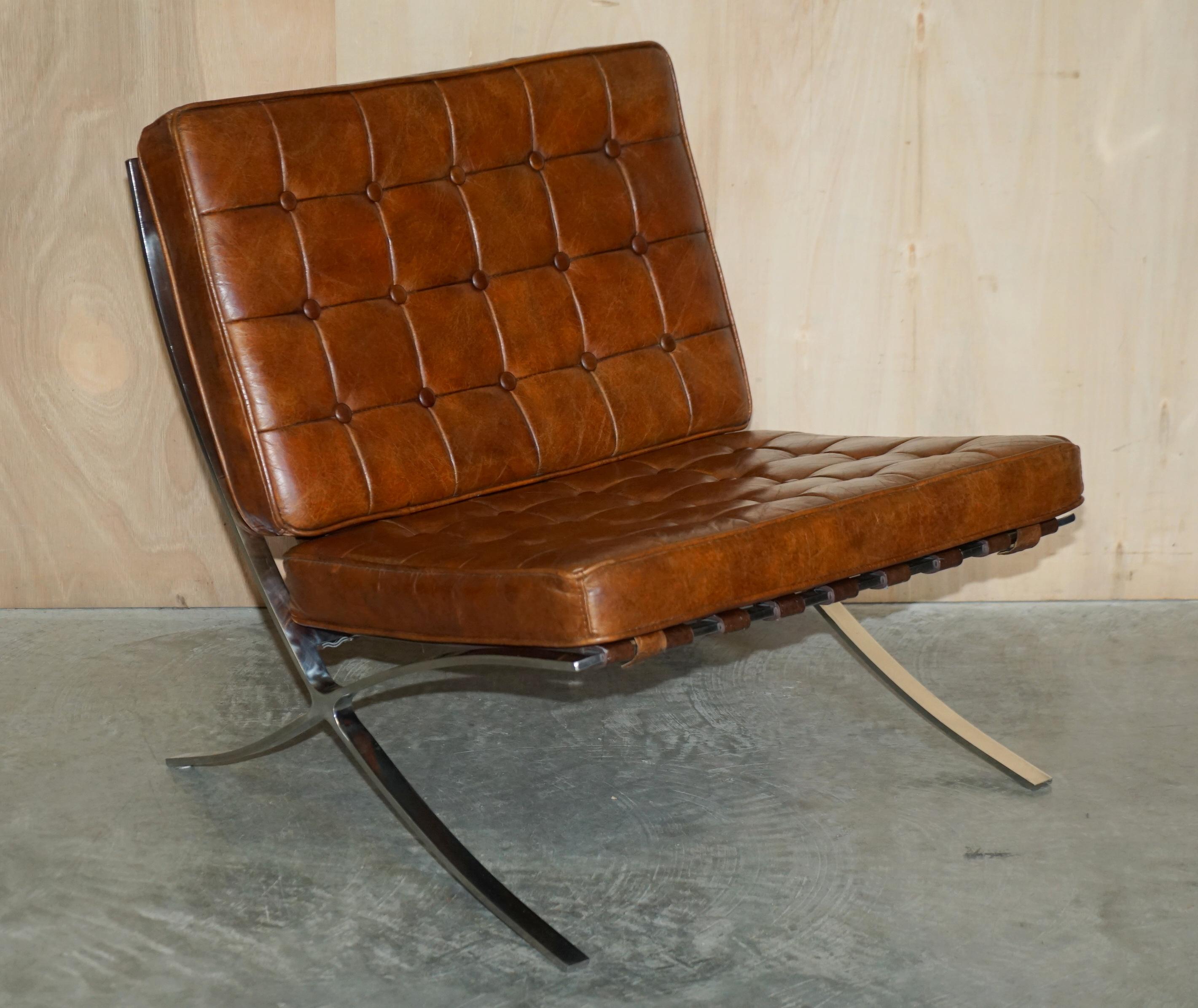 We are delighted to offer for sale this lovely vintage heritage brown cigar leather Barcelona style armchair and footstool 

A very unique, decorative and cool pairing, they are in the style of the Barcelona range, not original I think as I can’t