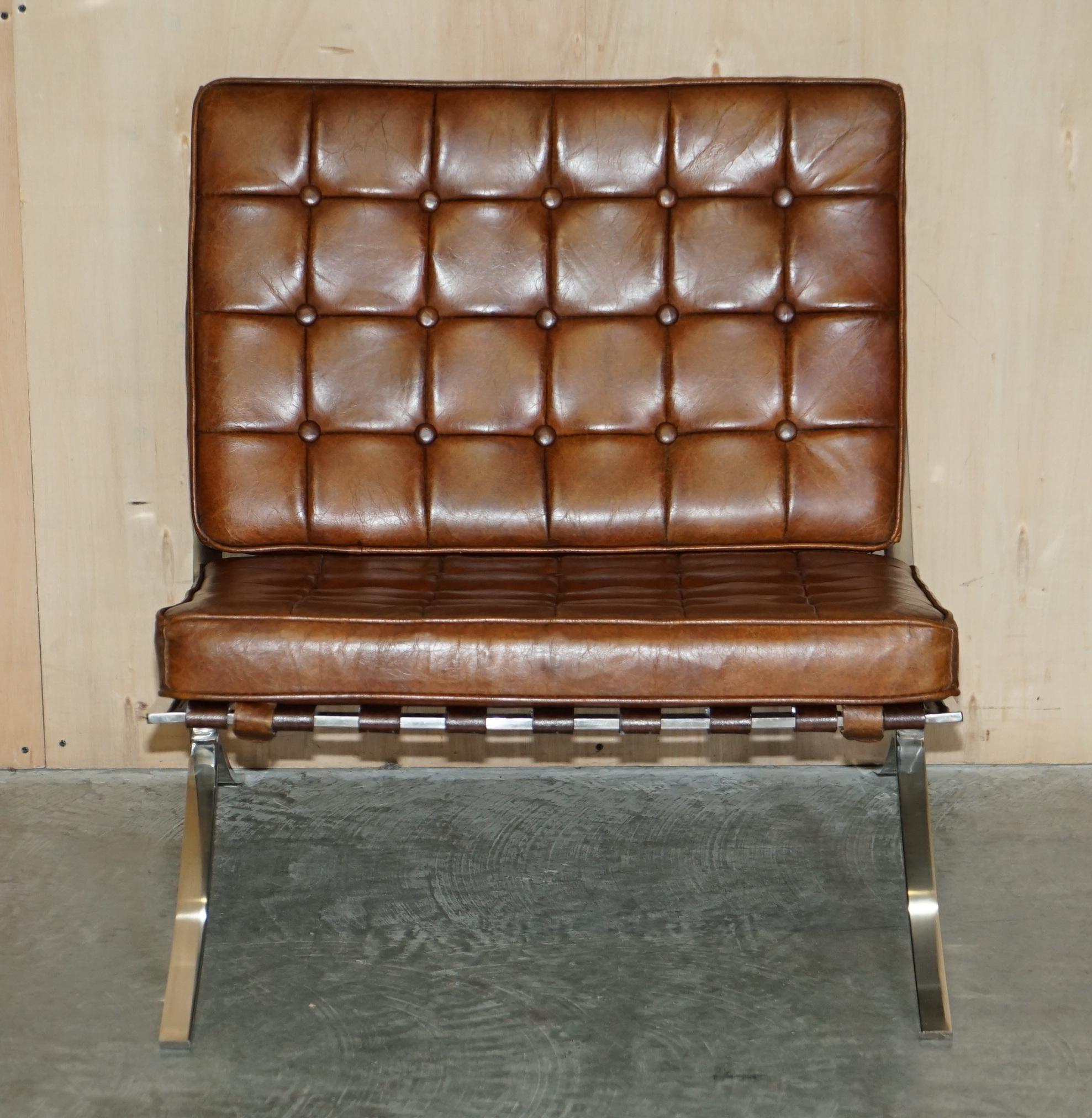 Mid-Century Modern Vintage Heritage Aged Cigar Brown Leather Barcelona Style Chair & Footstool