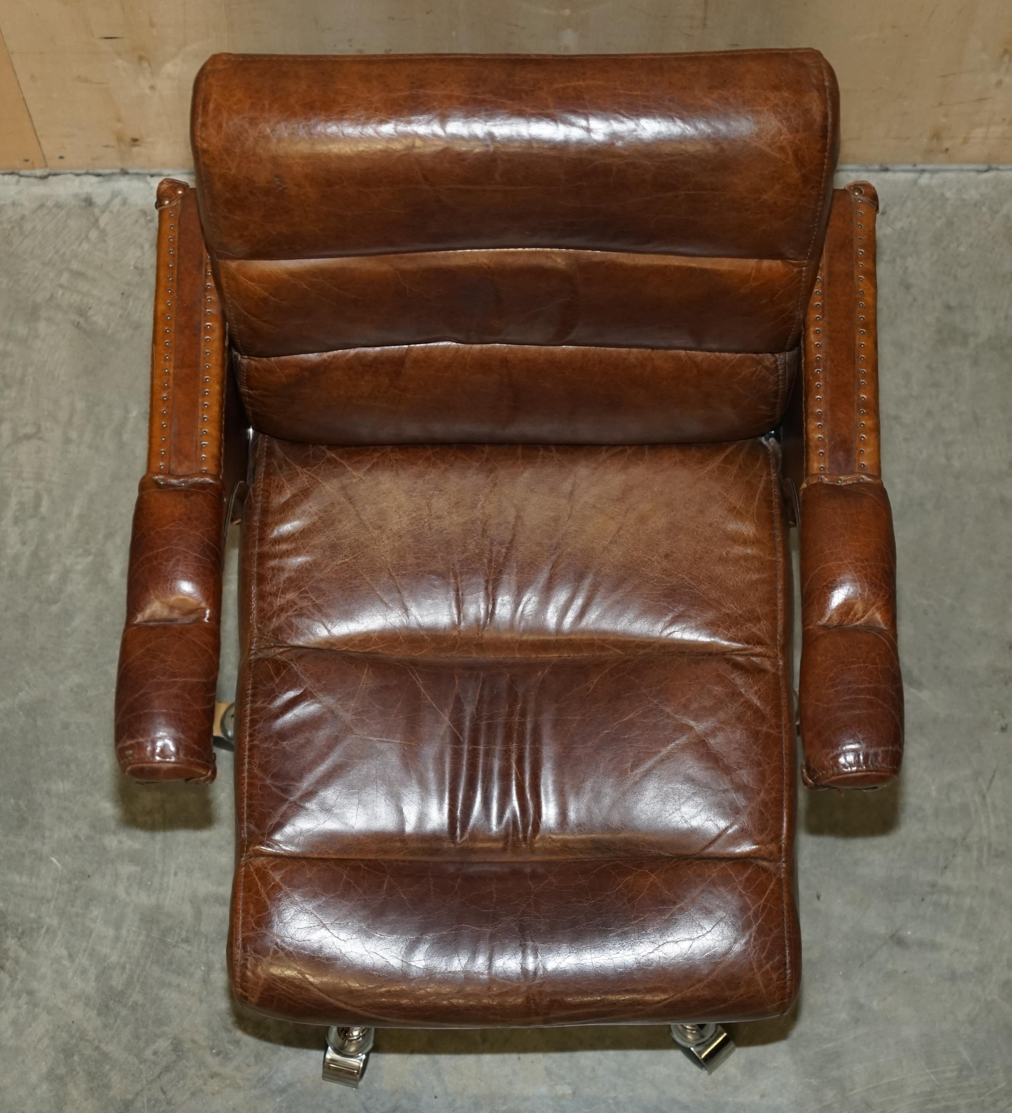 Vintage Heritage Aged Saddle Brown Leather Halo Swivel Office Captains Armchair 4
