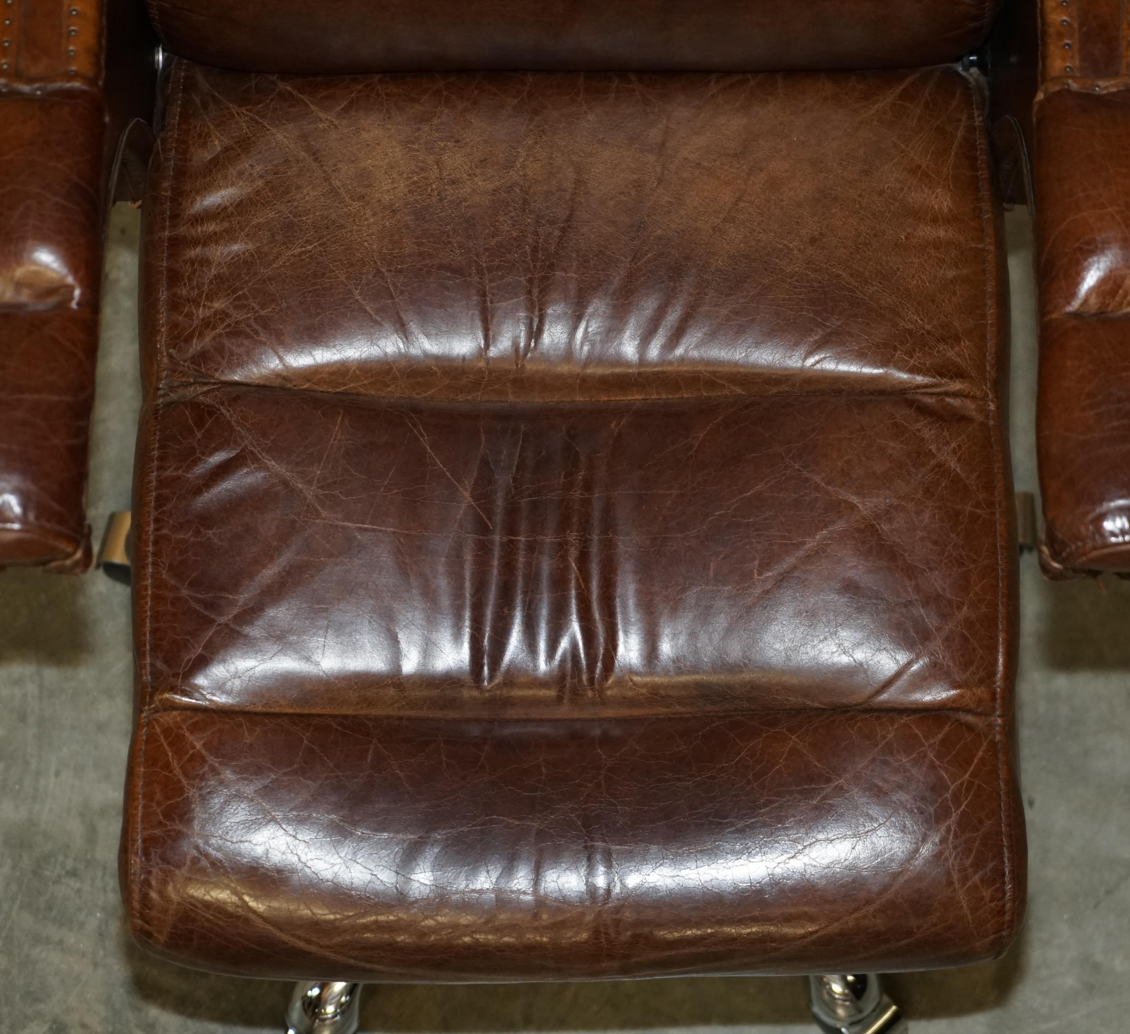 Vintage Heritage Aged Saddle Brown Leather Halo Swivel Office Captains Armchair 5