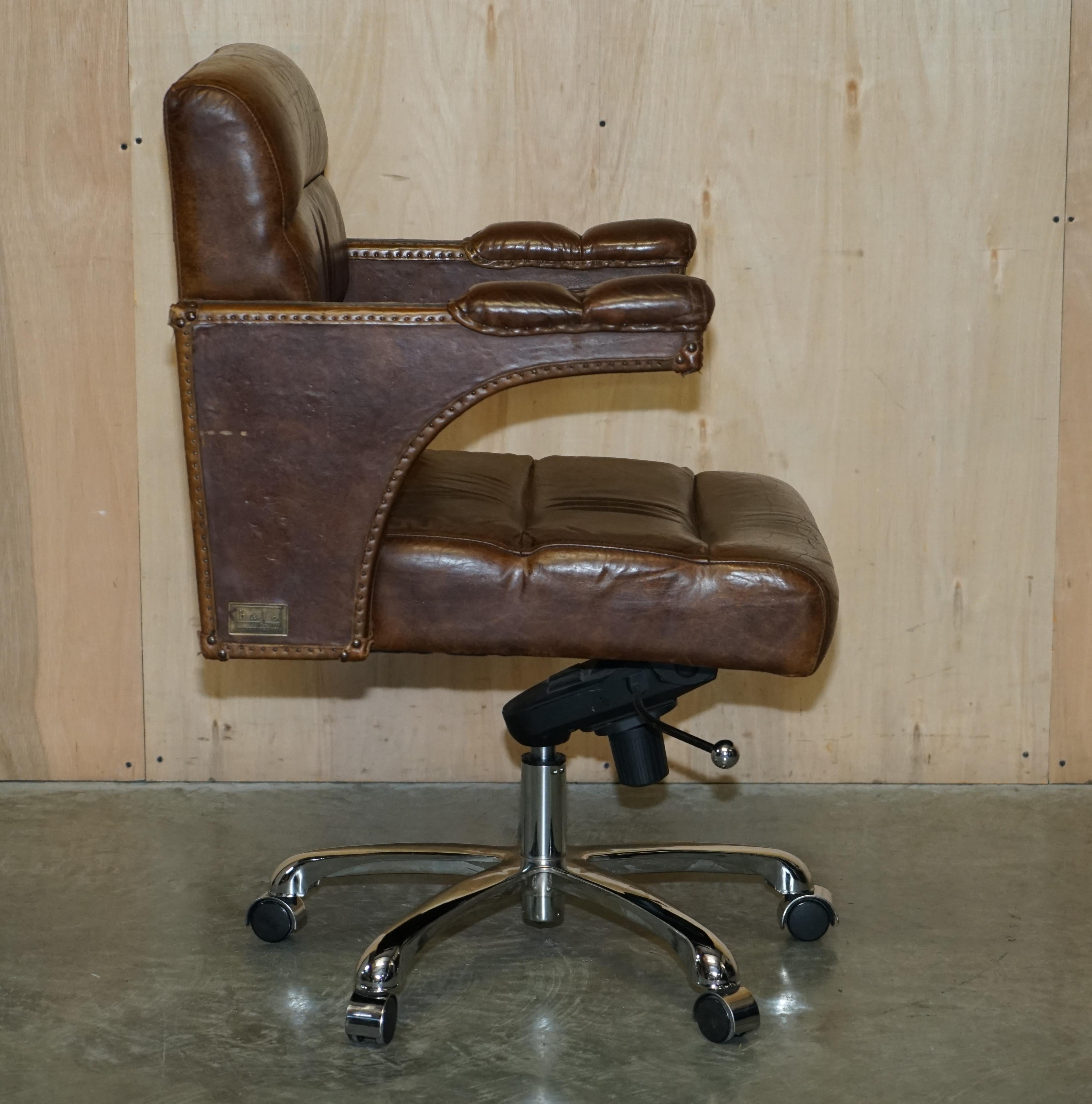 Vintage Heritage Aged Saddle Brown Leather Halo Swivel Office Captains Armchair 6