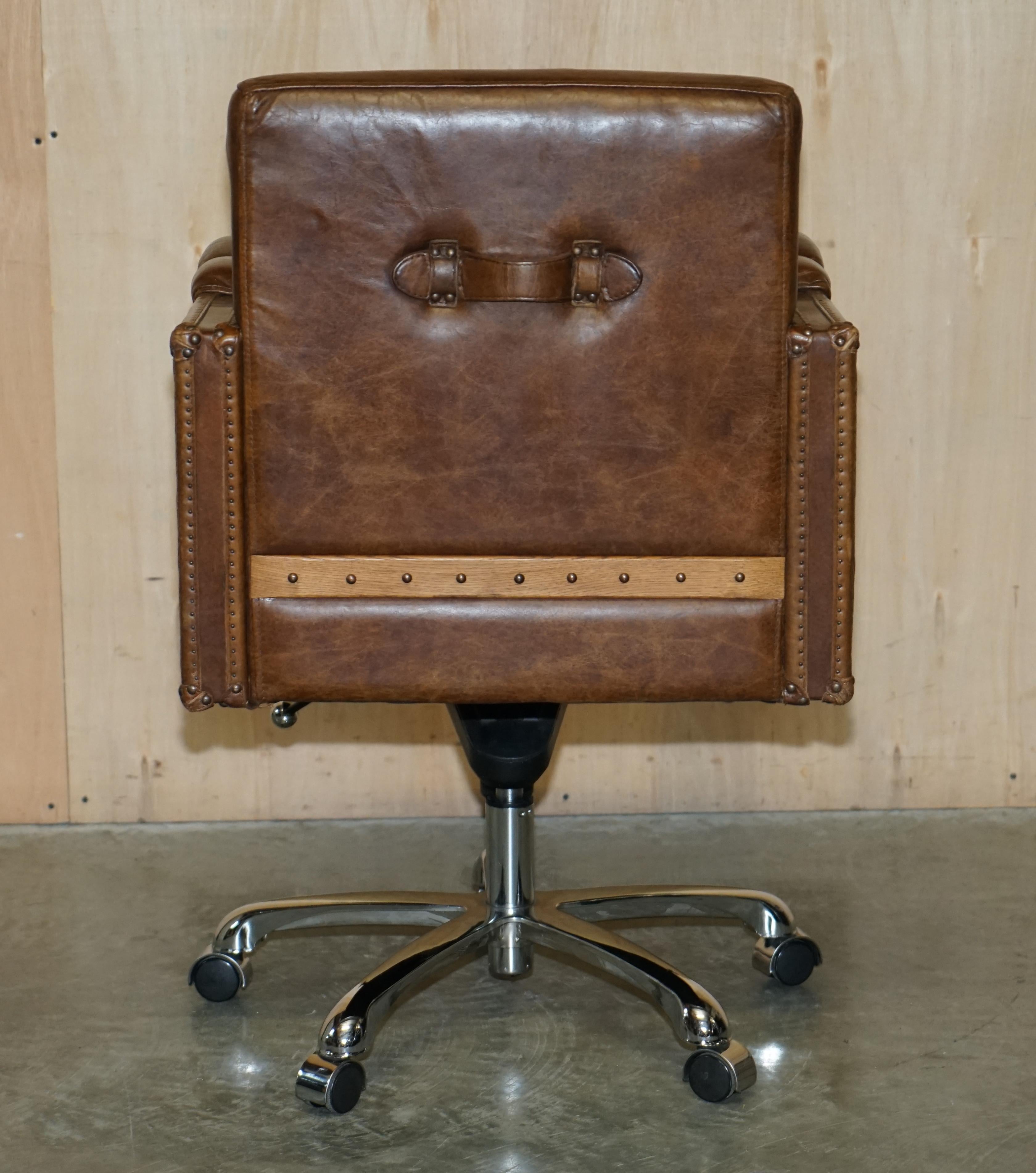 Vintage Heritage Aged Saddle Brown Leather Halo Swivel Office Captains Armchair 9