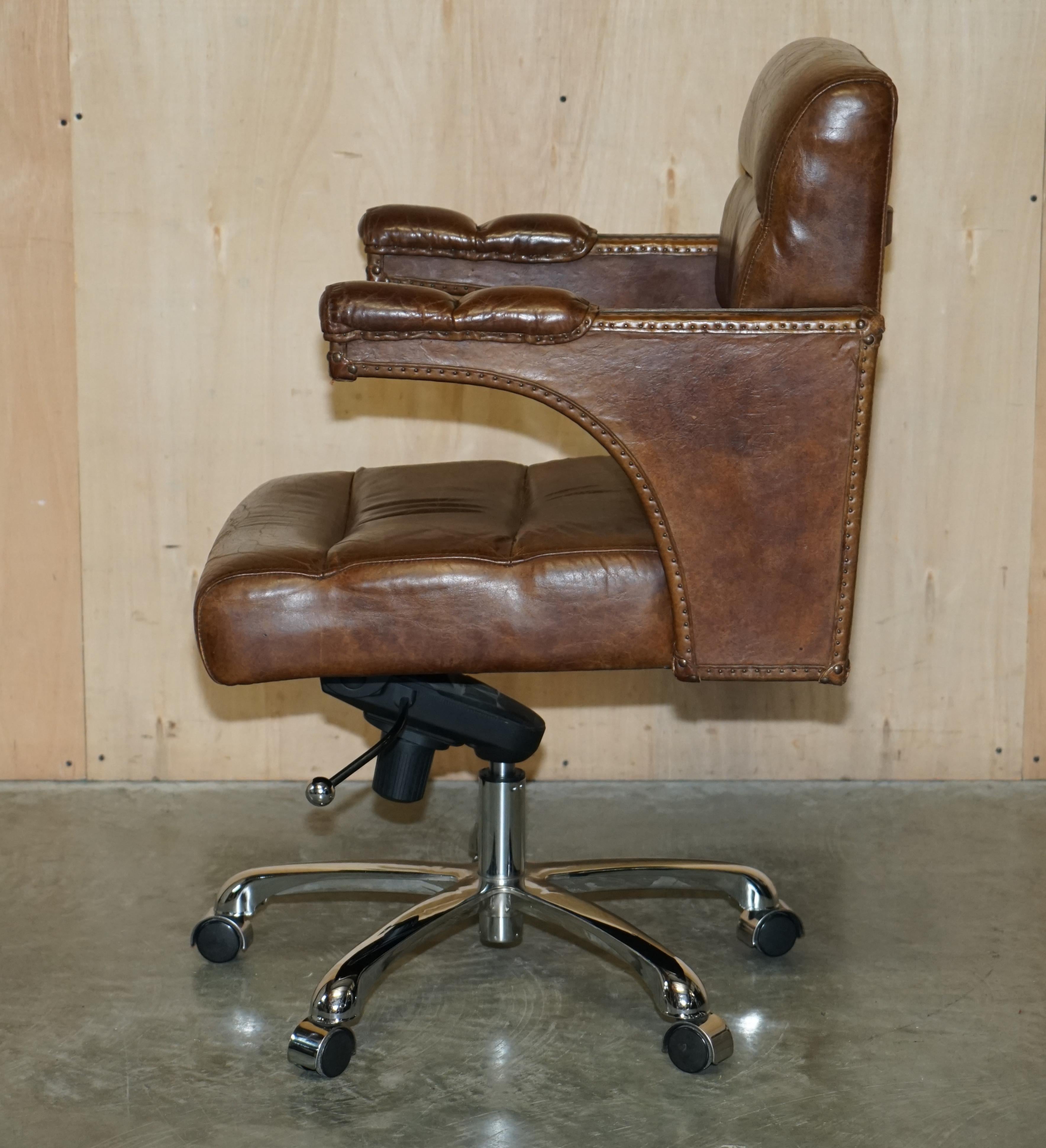 Vintage Heritage Aged Saddle Brown Leather Halo Swivel Office Captains Armchair 11