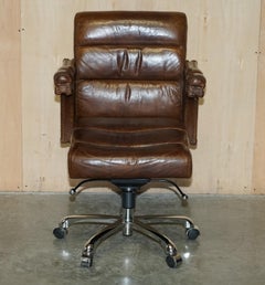 Vintage Heritage Aged Saddle Brown Leather Halo Swivel Office Captains Armchair