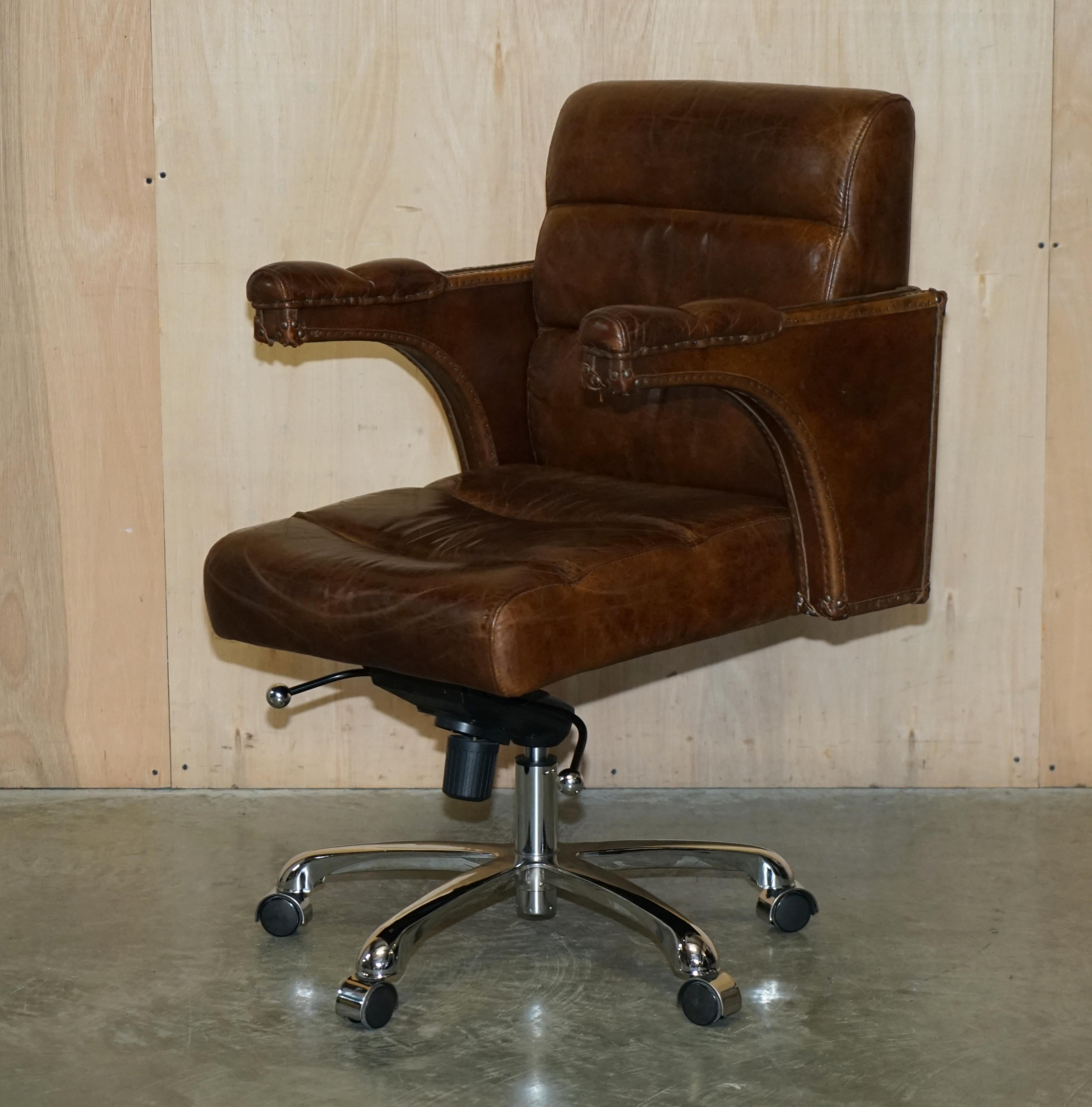 Vintage Heritage Aged Saddle Brown Leather Halo Swivel Office Captains Armchair 12