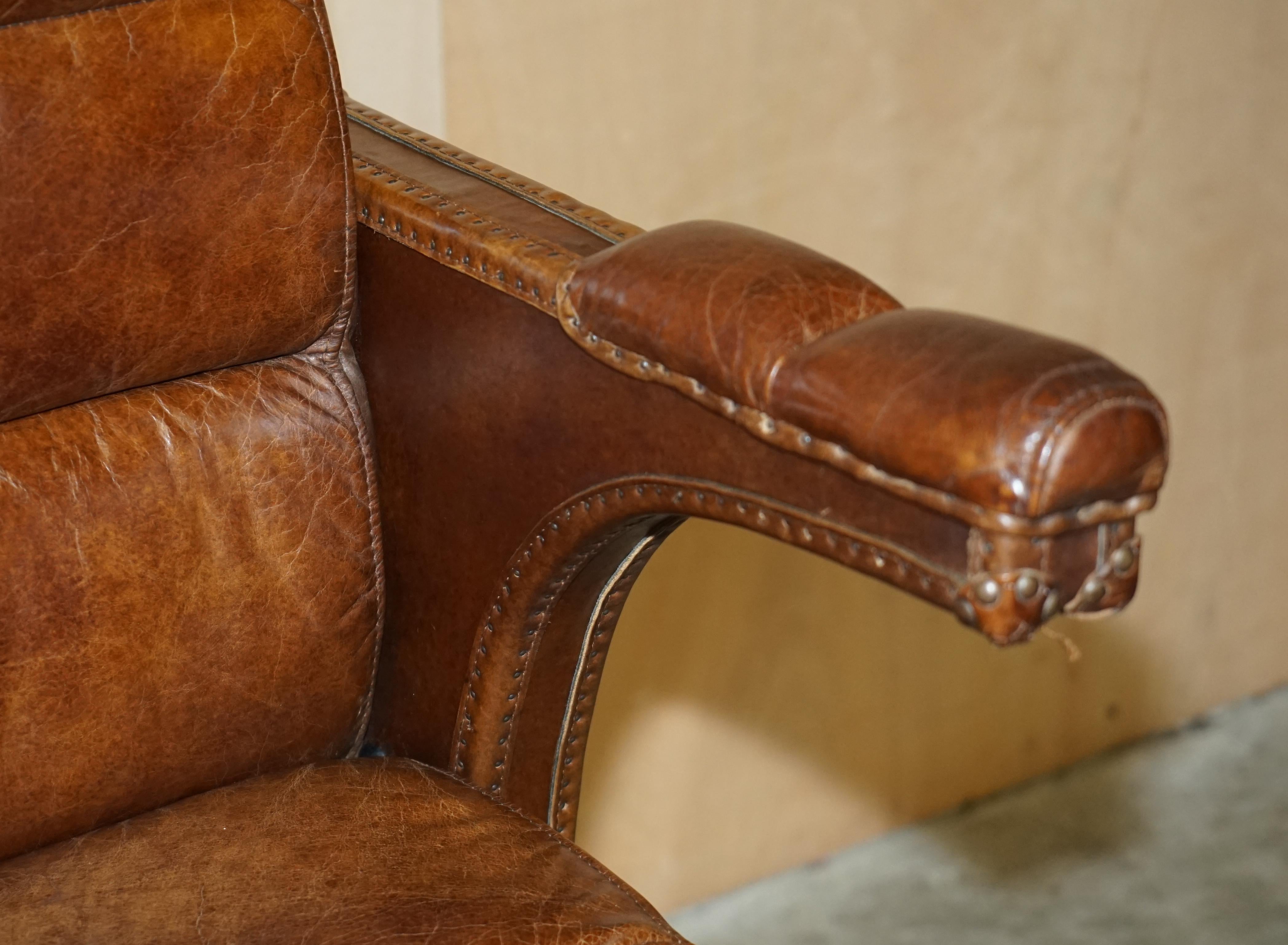 Hand-Crafted Vintage Heritage Aged Saddle Brown Leather Halo Swivel Office Captains Armchair