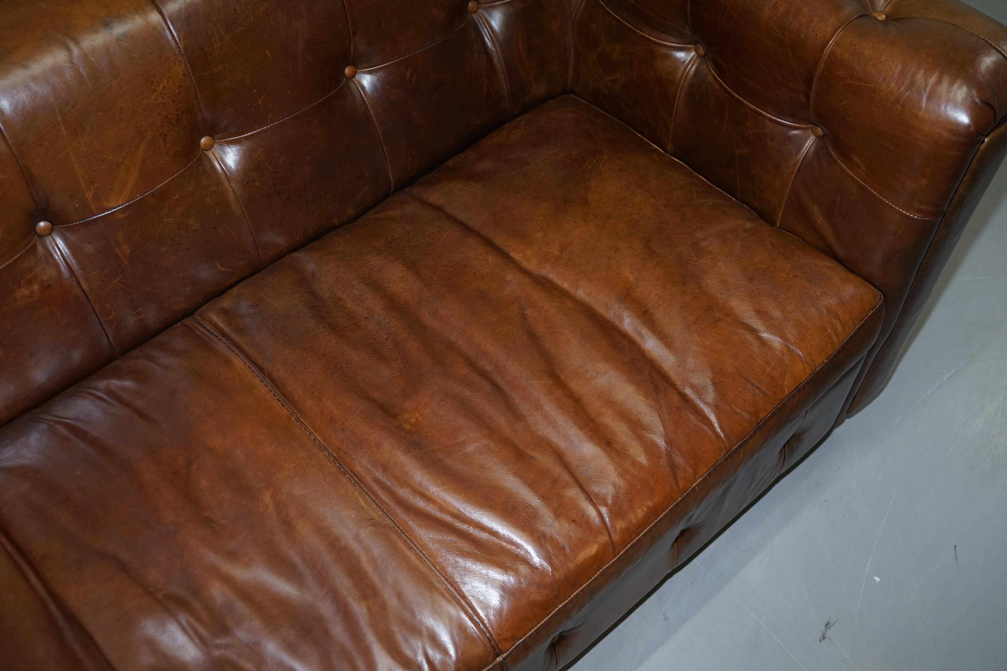 Vintage Heritage Brown Biker Tan Leather 2-3-Seat Sofa Chesterfield Tufting 3