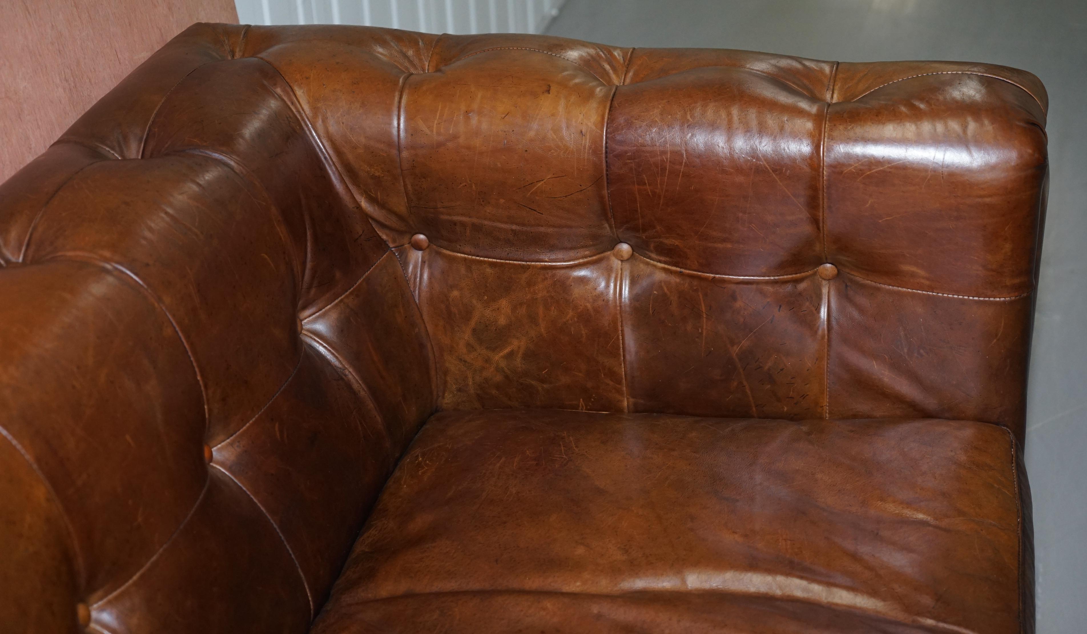 Vintage Heritage Brown Biker Tan Leather 2-3-Seat Sofa Chesterfield Tufting 4