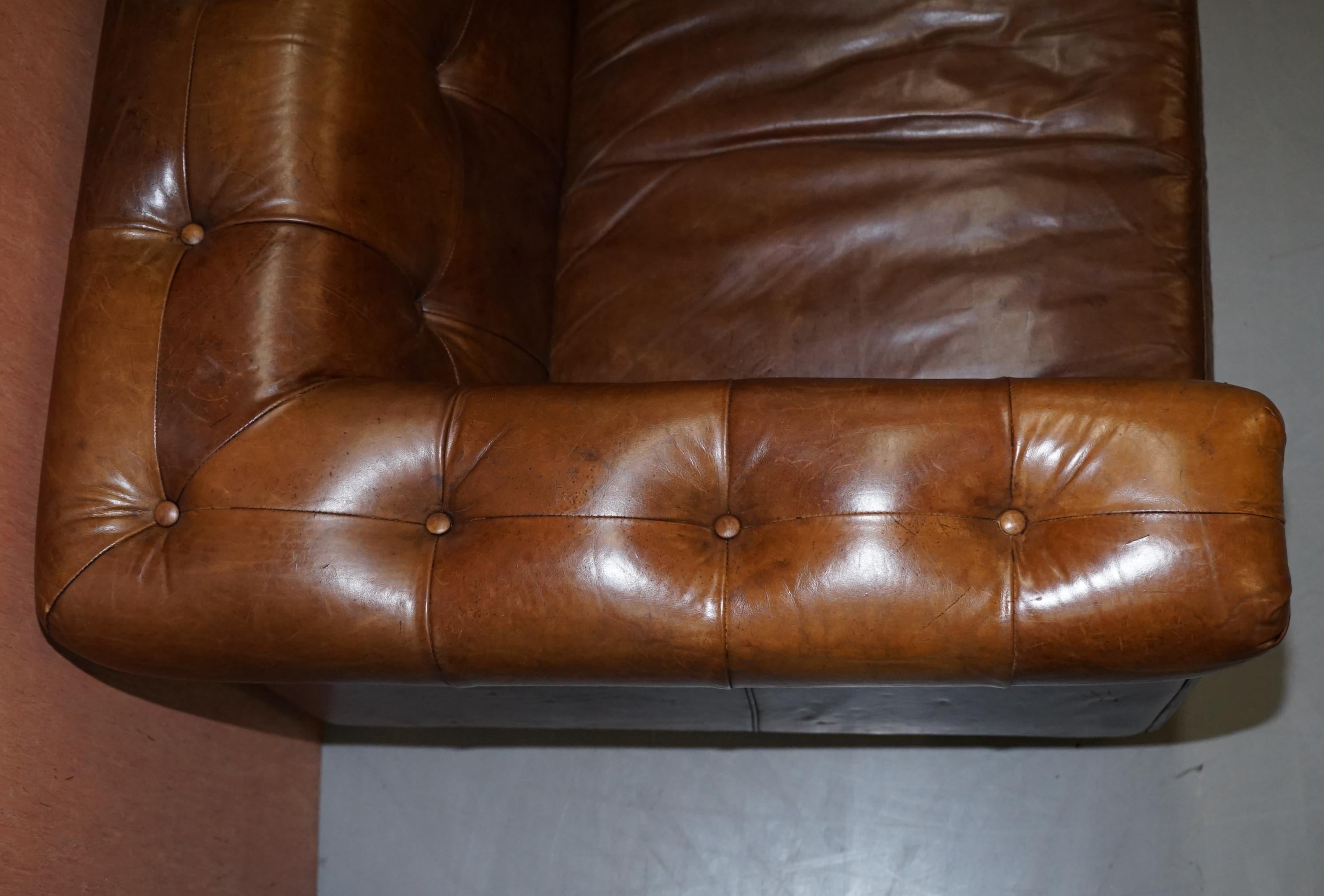 Vintage Heritage Brown Biker Tan Leather 2-3-Seat Sofa Chesterfield Tufting 6