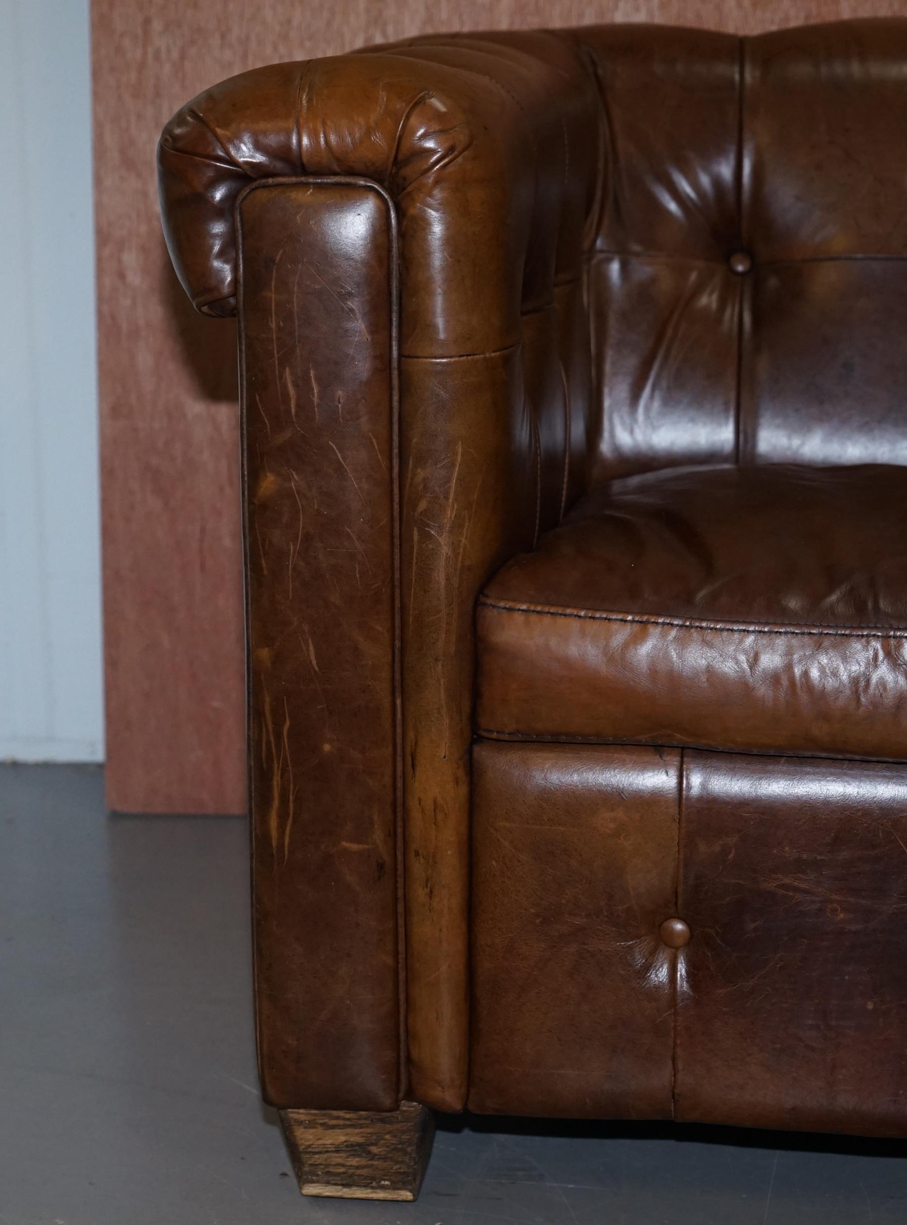 Vintage Heritage Brown Biker Tan Leather 2-3-Seat Sofa Chesterfield Tufting 7