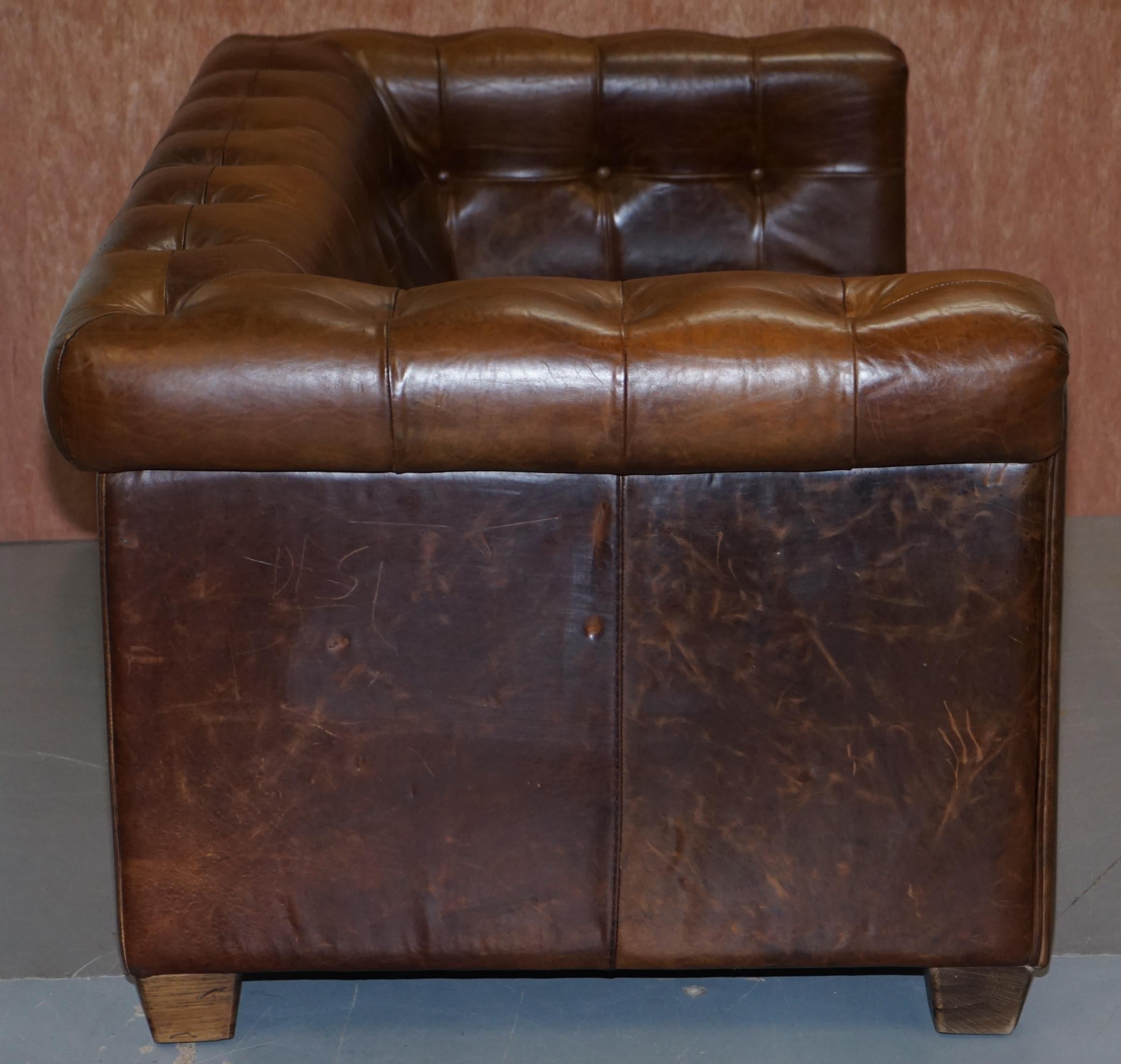 Vintage Heritage Brown Biker Tan Leather 2-3-Seat Sofa Chesterfield Tufting 10