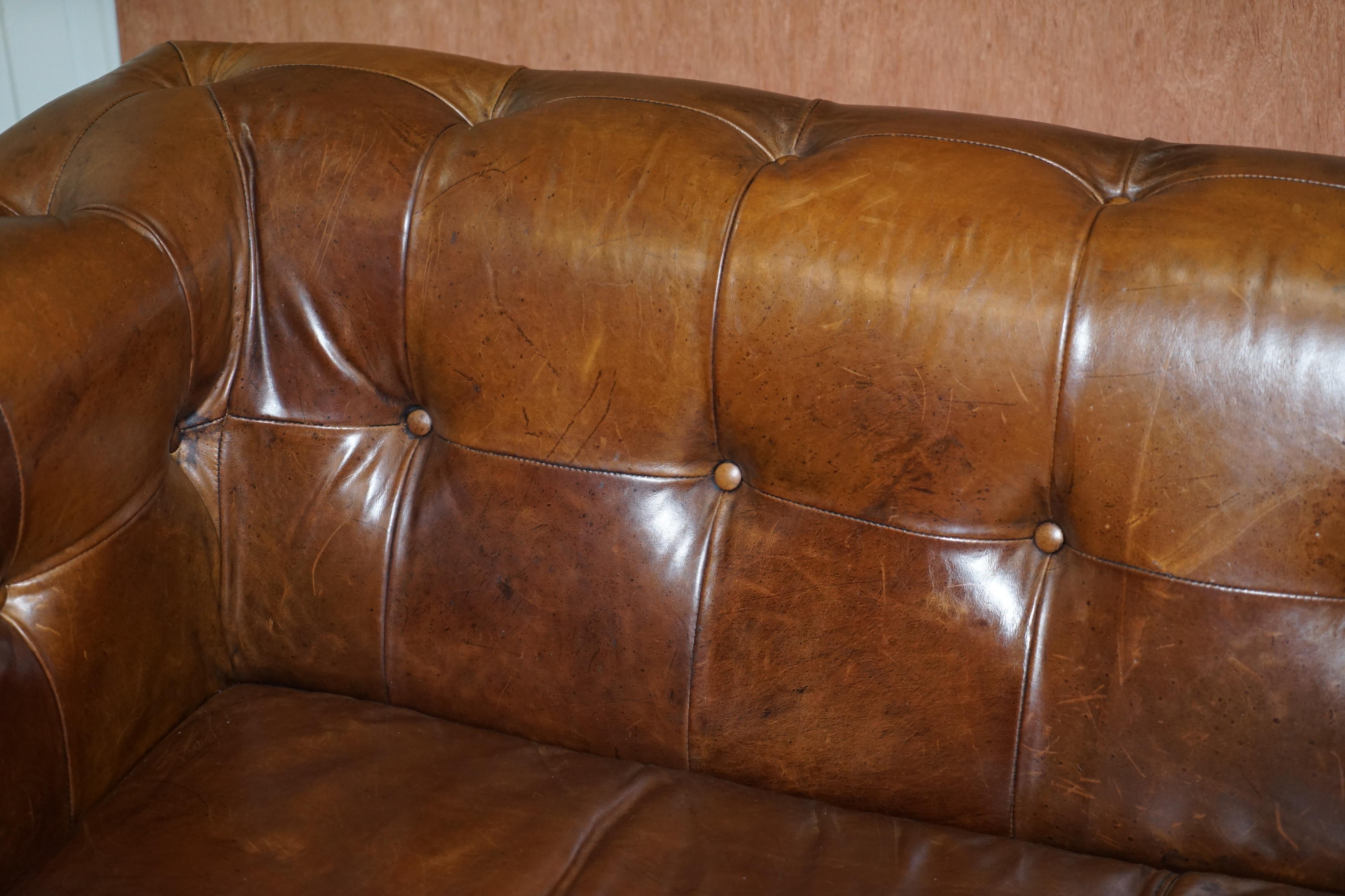 Vintage Heritage Brown Biker Tan Leather 2-3-Seat Sofa Chesterfield Tufting 13
